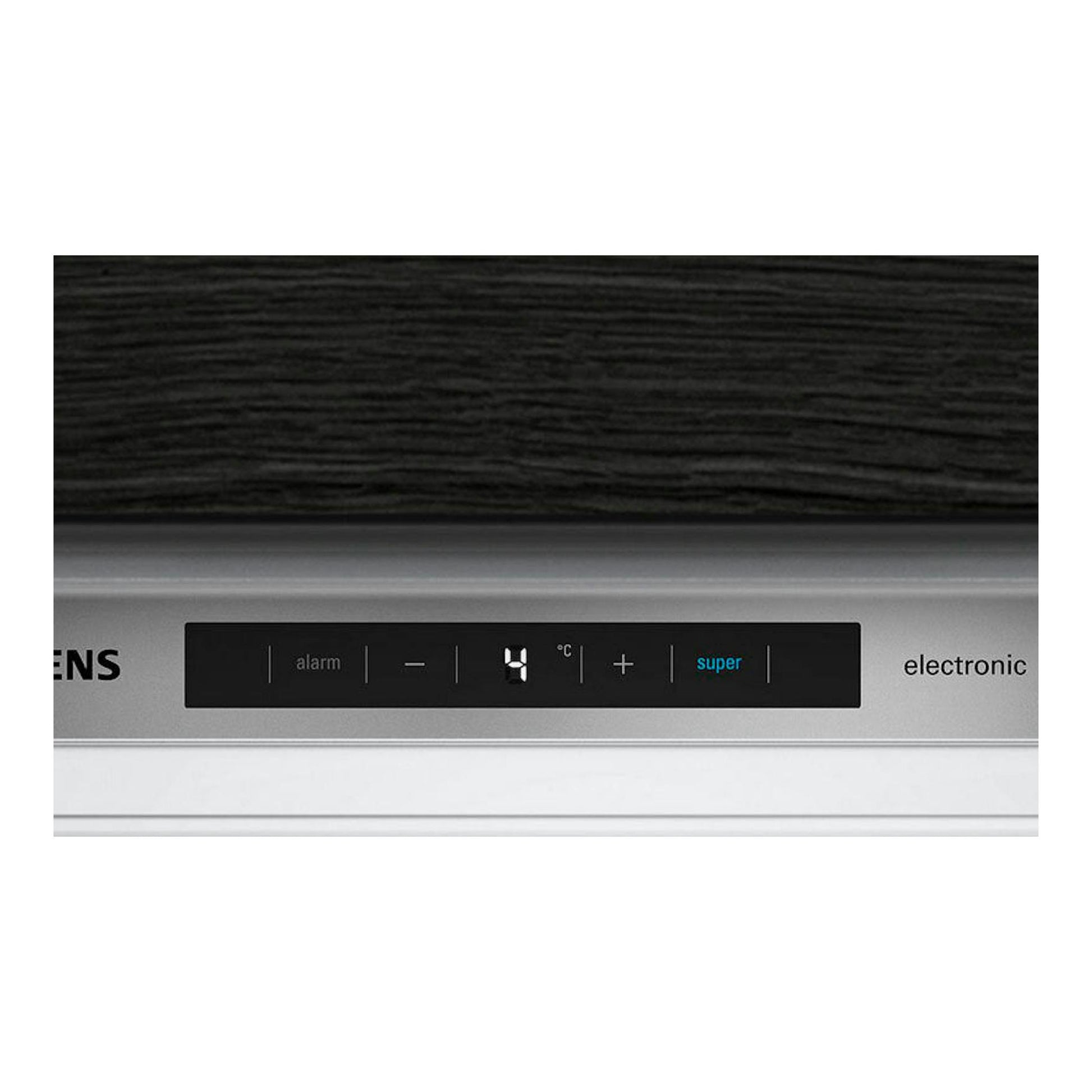 Frigorífico Siemens KI41RADF0 blanco, vista frontal en primer plano del panel de control superior.