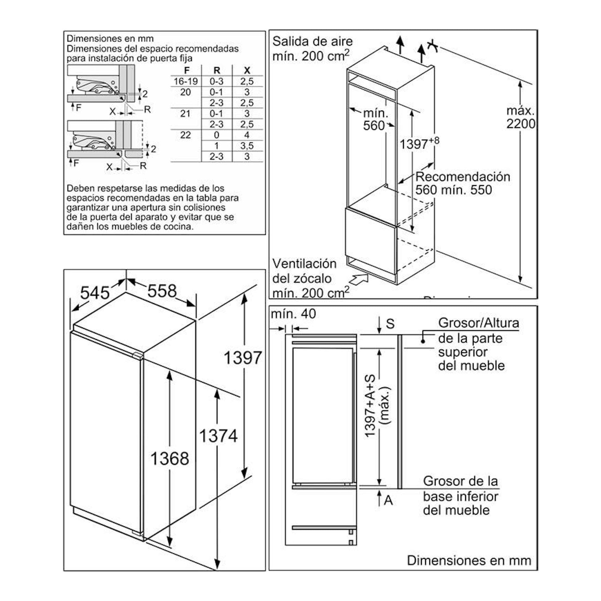 Diagrama técnico en blanco y negro del frigorífico Siemens KI51RADF0 de 1 puerta, vistas frontal y lateral con medidas.