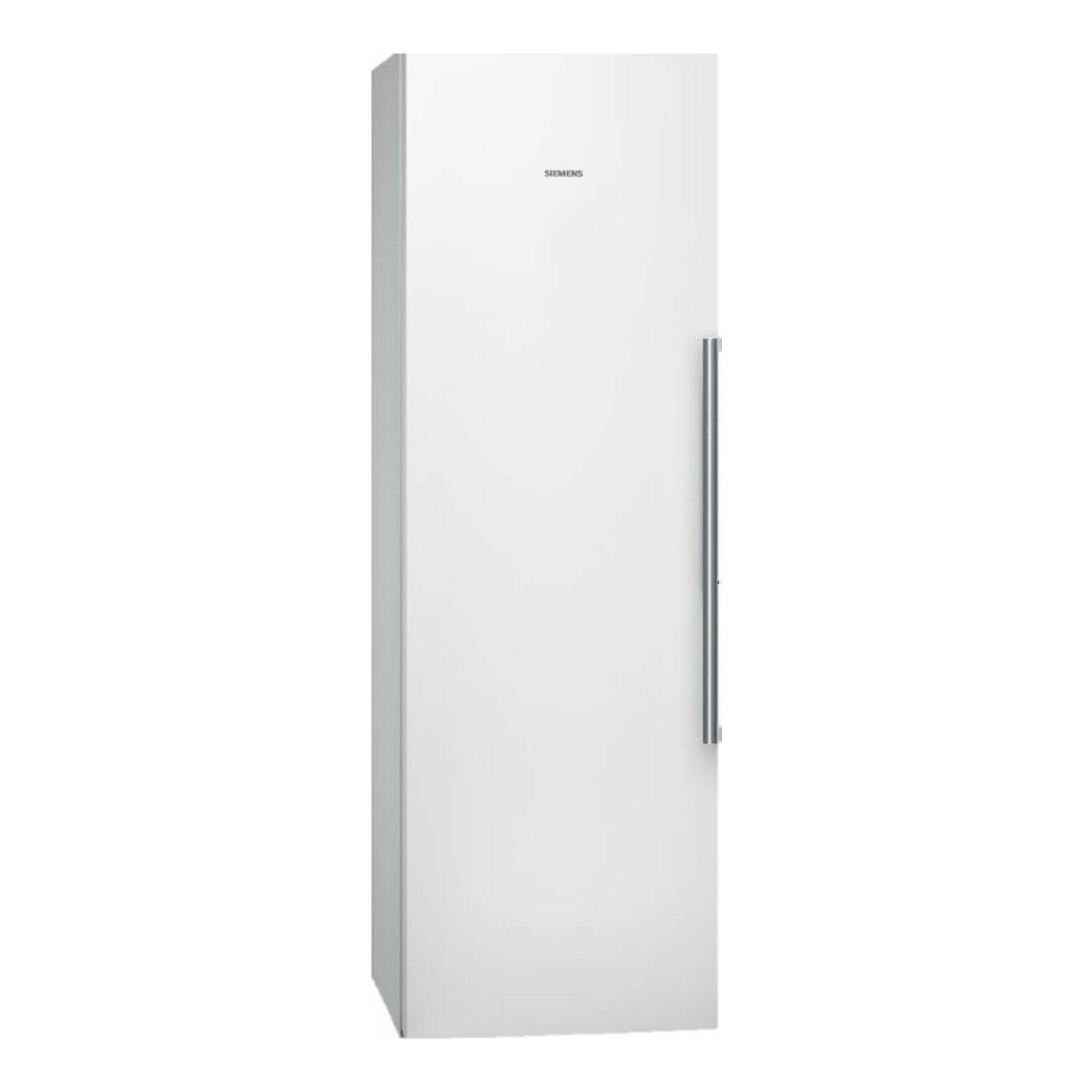 Frigorífico blanco Siemens KS36VAWEP, vista frontal con leve lateral izquierdo y tirador vertical.