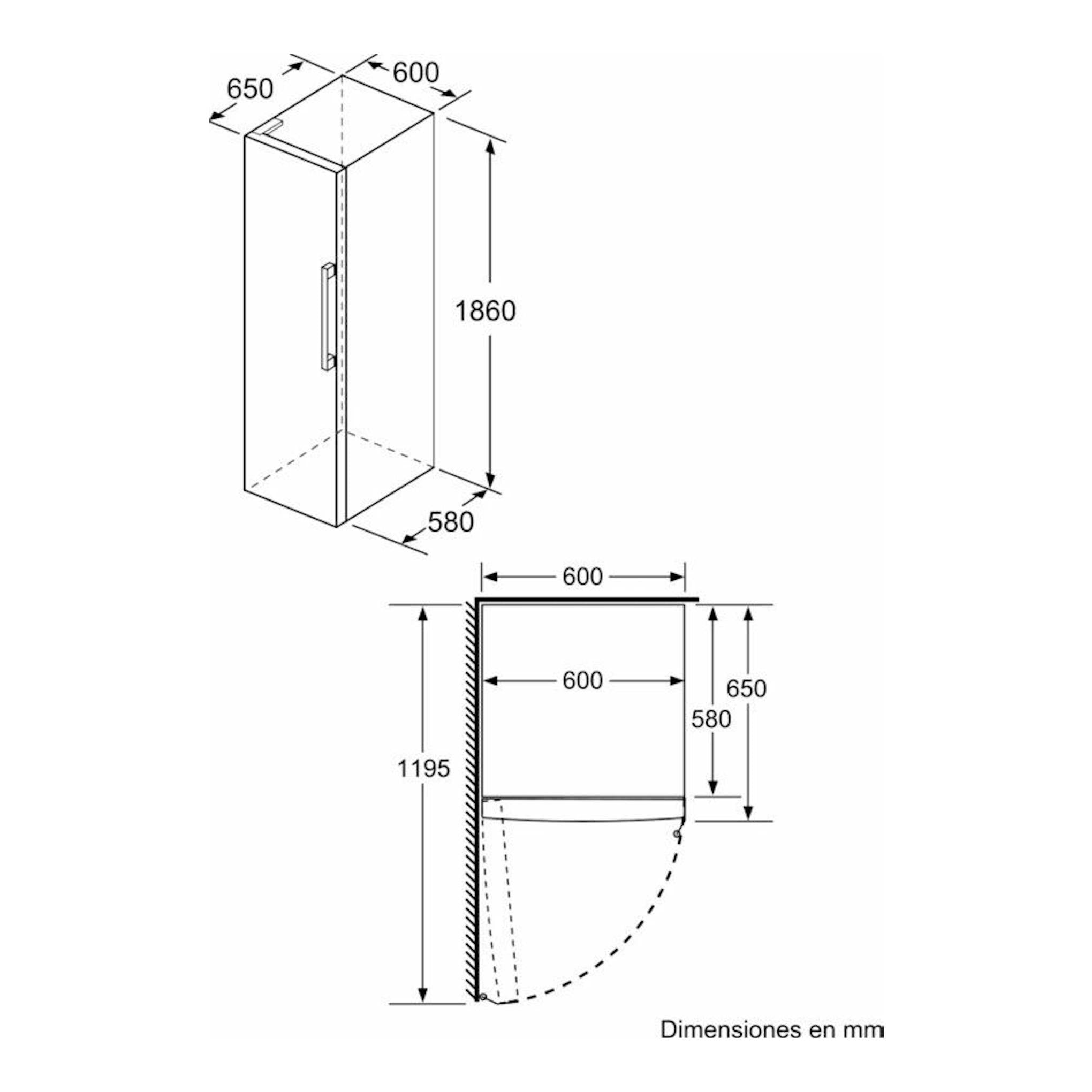Esquema dimensional del frigorífico Siemens KS36VAWEP de una puerta, vista frontal y lateral, en mm.