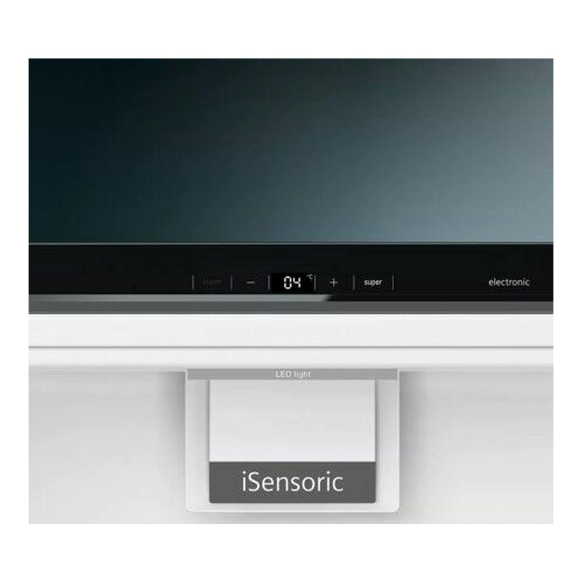 Frigorífico Siemens KS36VAWEP blanco, vista frontal parcial del panel digital y tirador iSensoric.