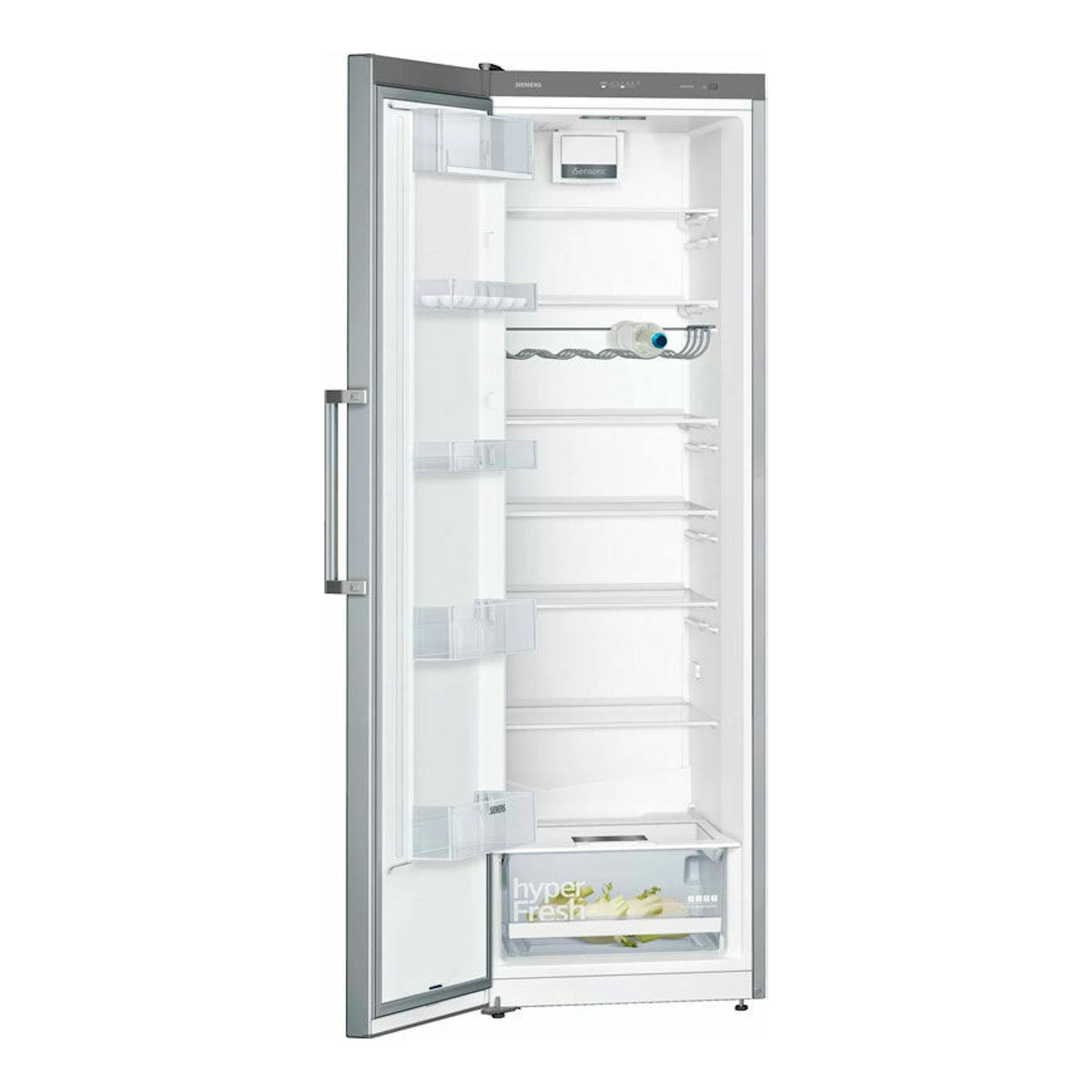 Frigorífico Siemens KS36VVIEP inox, vista frontal con la puerta abierta e interior vacío.