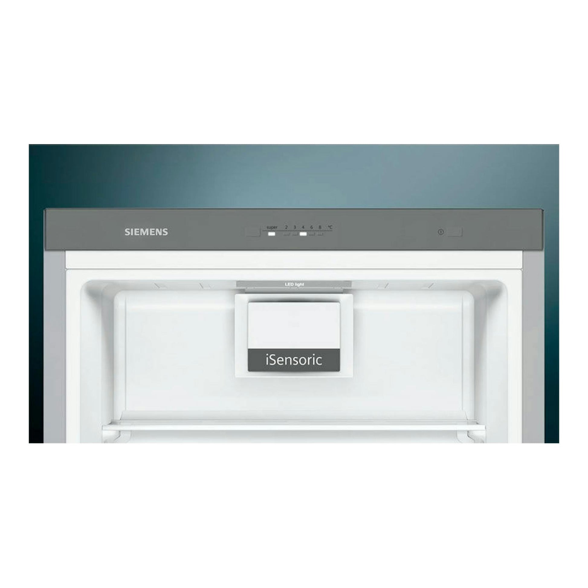 Frigorífico Siemens KS36VVIEP inox, vista frontal, con panel superior gris y puerta blanca.