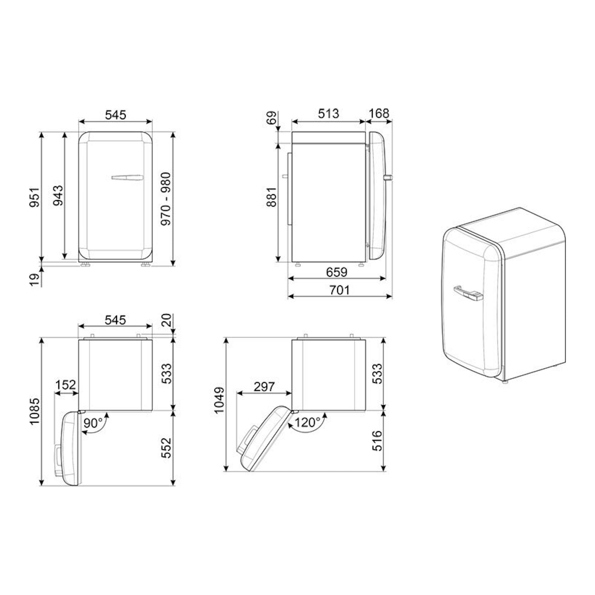 Frigorífico Smeg FAB10LWH6 blanco, plano técnico con vistas frontal, lateral, superior y perspectiva.