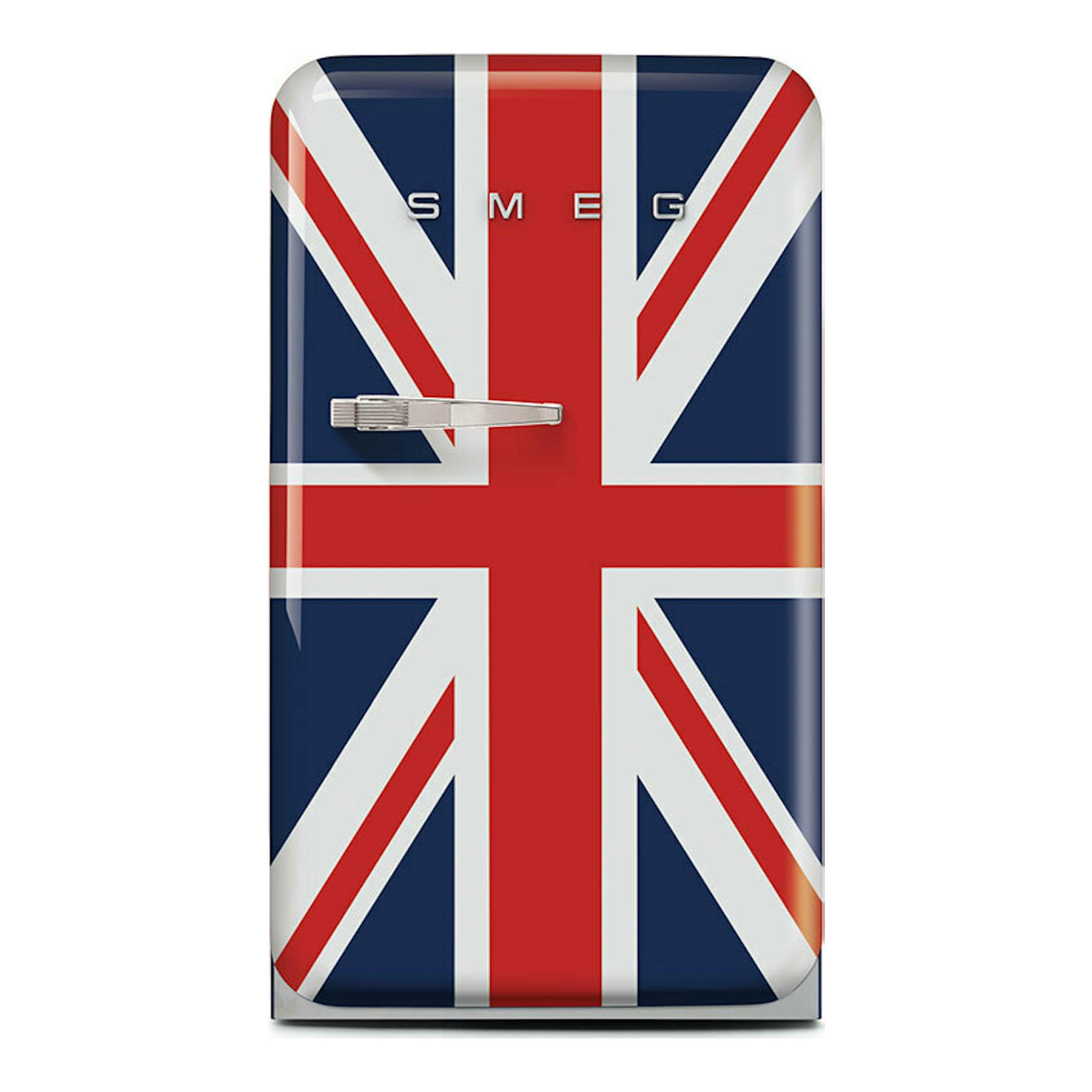Frigorífico Smeg FAB10RDUJ6 de una puerta, vista frontal, con diseño de bandera británica en rojo, blanco y azul.