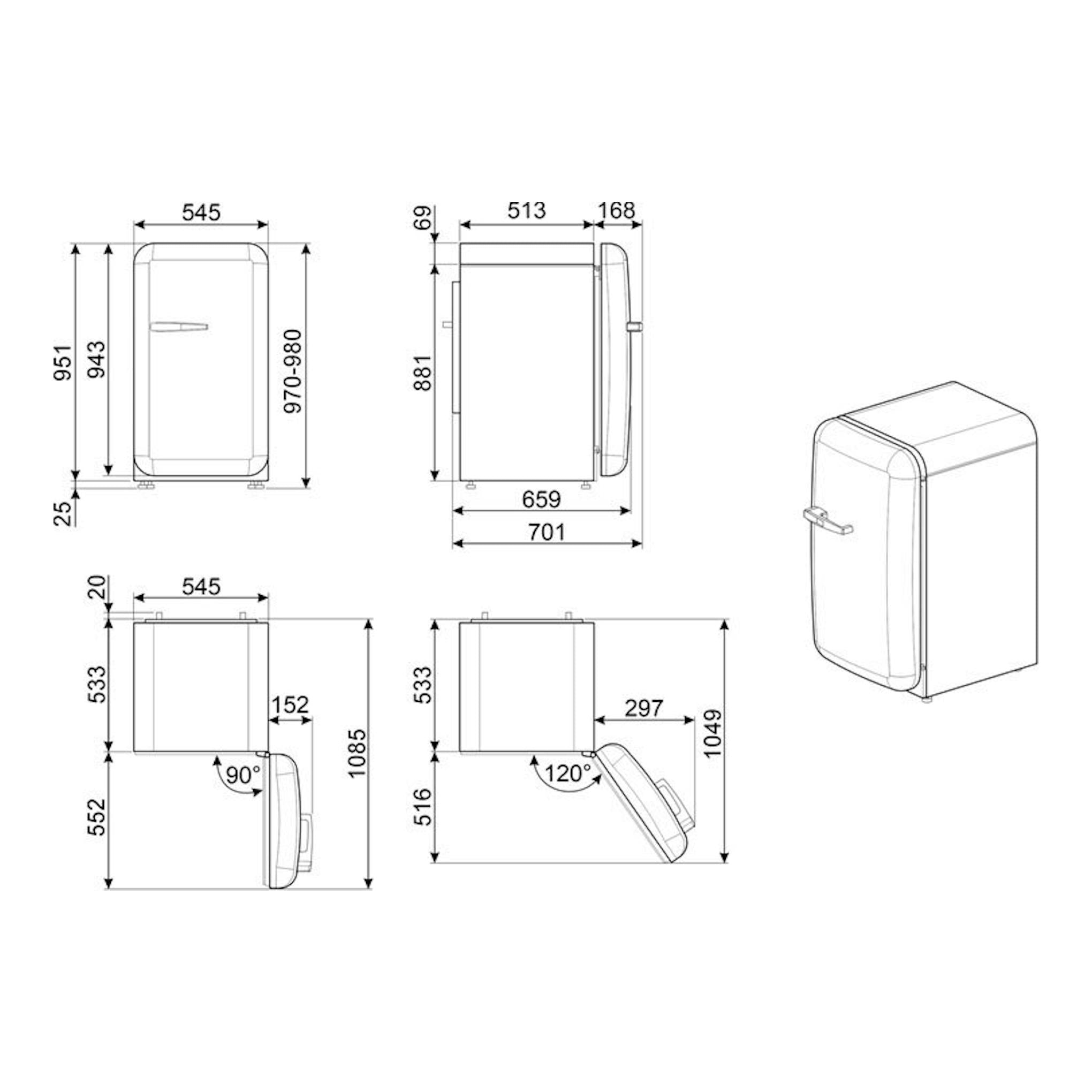 Smeg FAB10RDUJ6, frigorífico de una puerta en planos acotados, vistas frontal, lateral e isométrica.