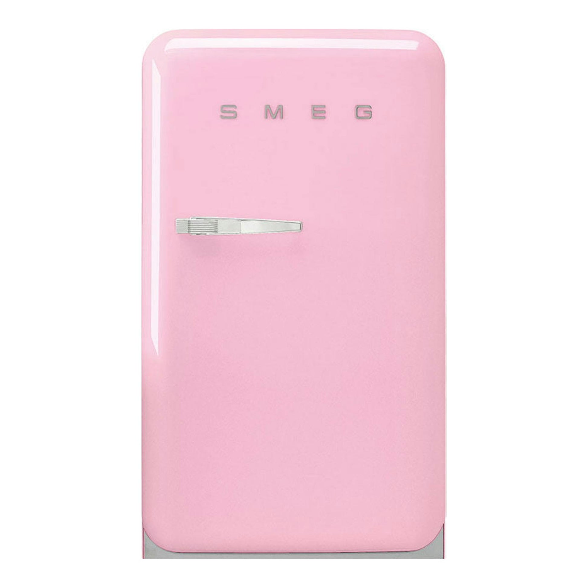 Frigorífico Smeg FAB10RPK5 rosa, vista frontal de una puerta, con logo Smeg y tirador cromado.