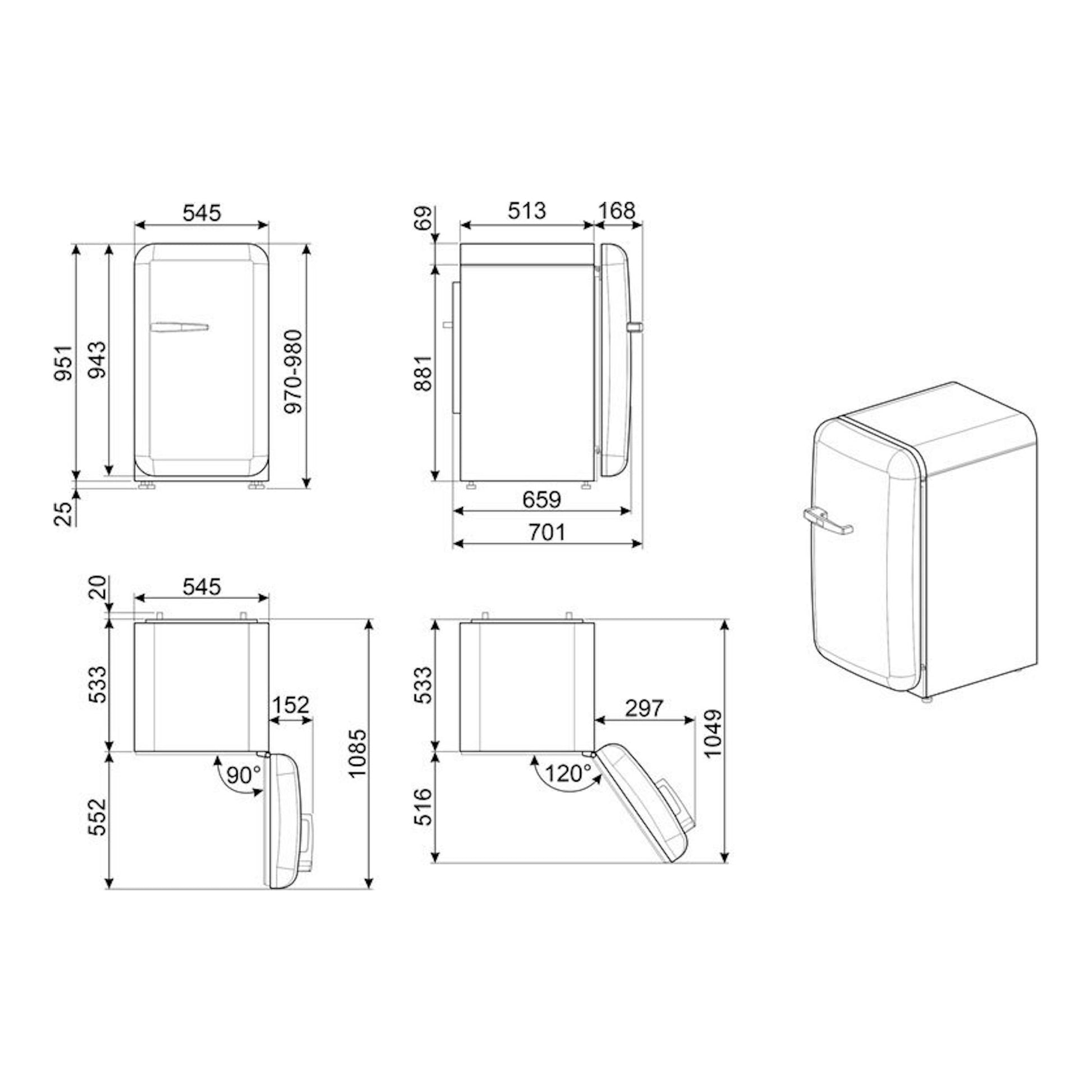 Smeg FAB10RRD6, frigorífico rojo de una puerta, dibujo técnico con vistas frontal, lateral y en perspectiva.