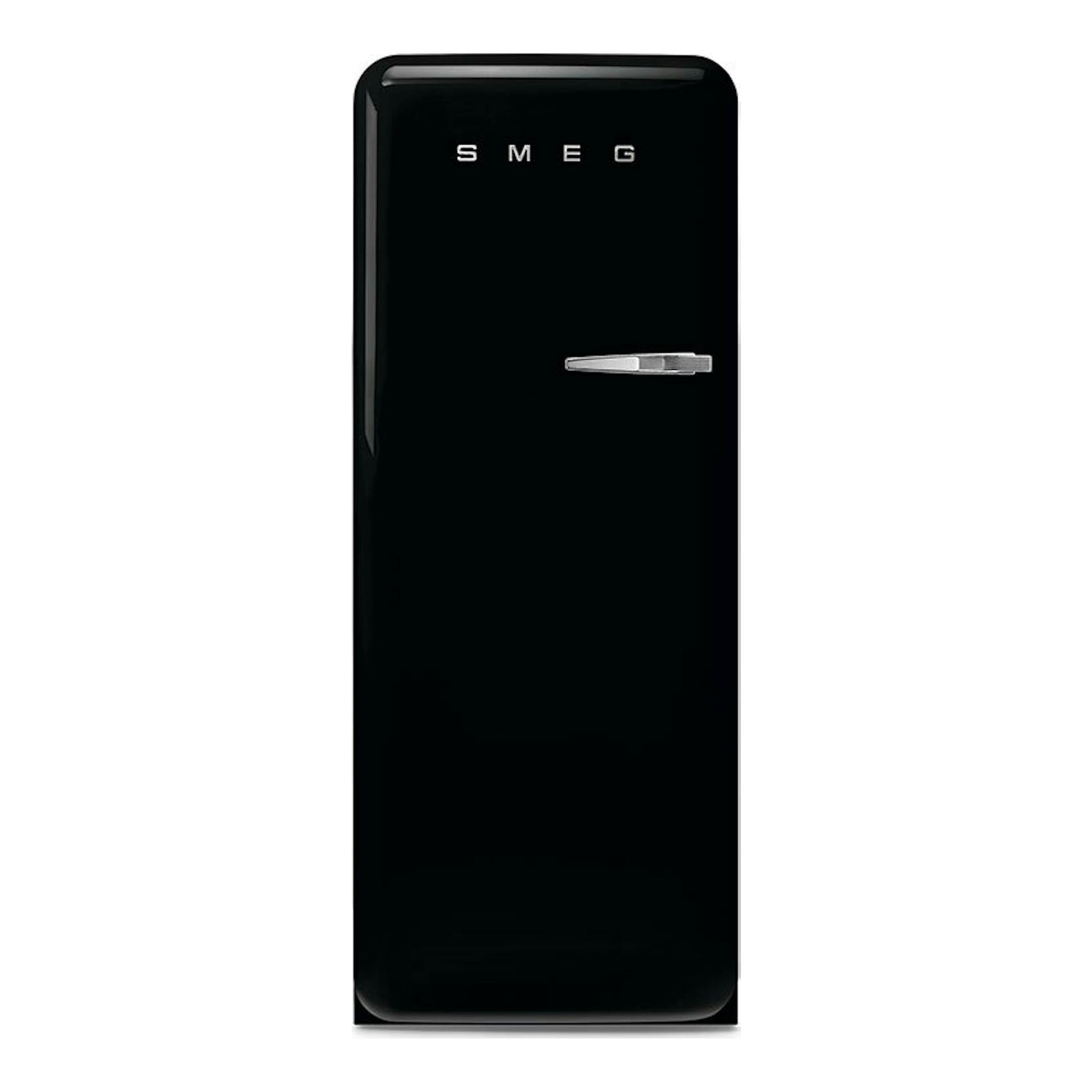 Frigorífico Smeg FAB28LBL6 negro, vista frontal, con una puerta y tirador cromado.