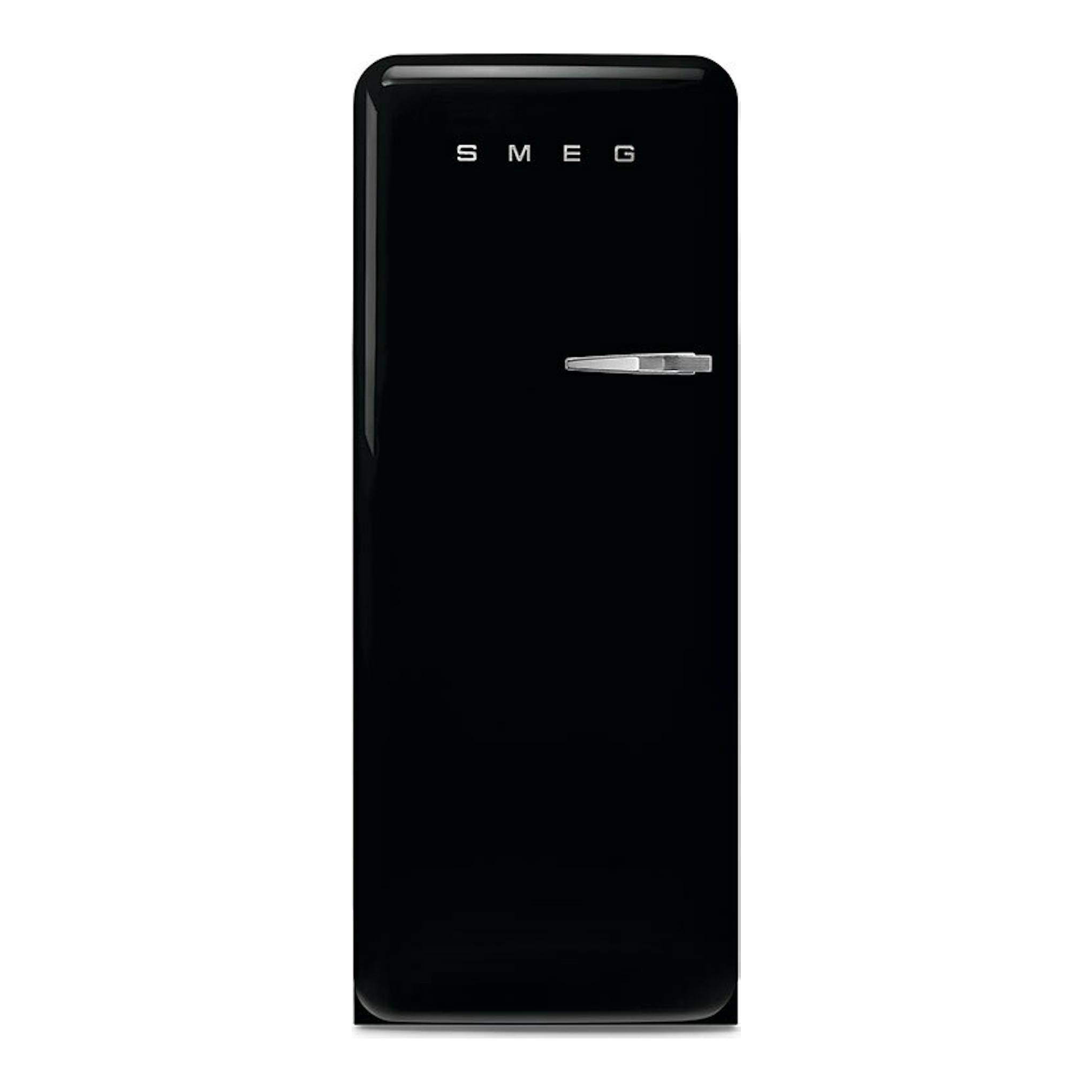 Frigorífico Smeg FAB28LBL6 negro, vista frontal, con una puerta y tirador cromado.