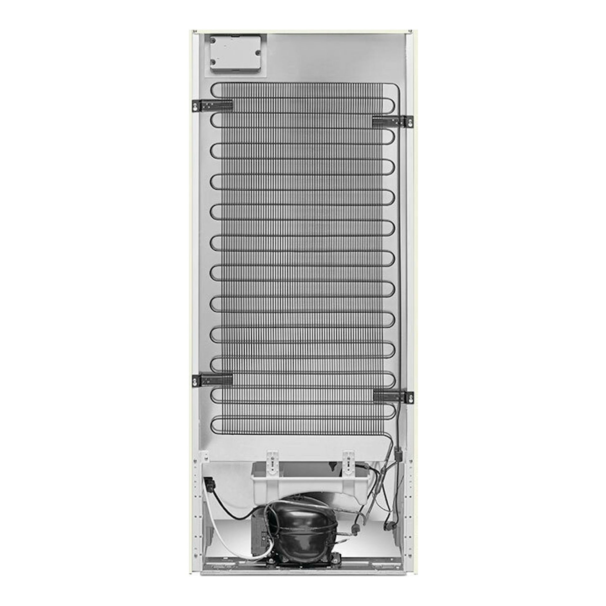 Smeg FAB28LCR6, vista trasera de frigorífico crema con serpentín y compresor visibles.