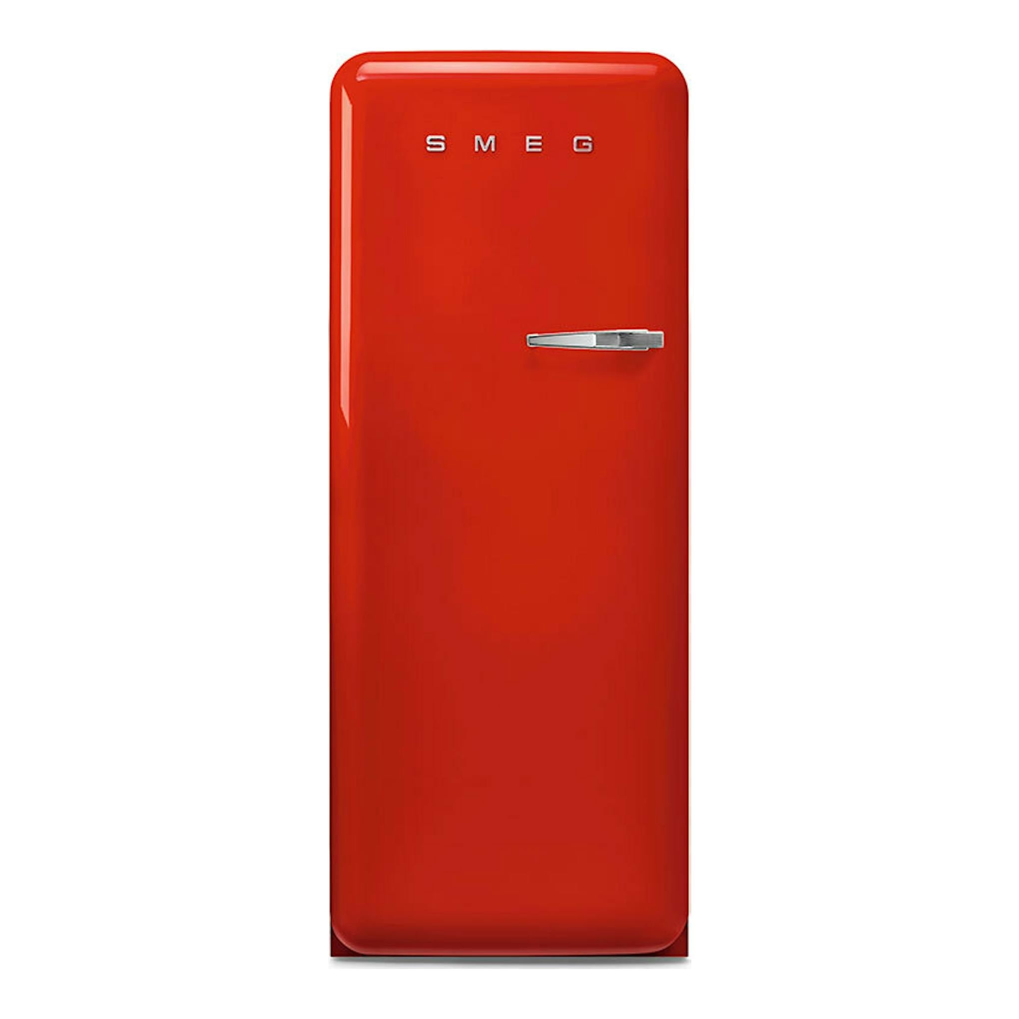 Frigorífico Smeg FAB28LRD6 rojo, vista frontal, con una puerta y tirador cromado.