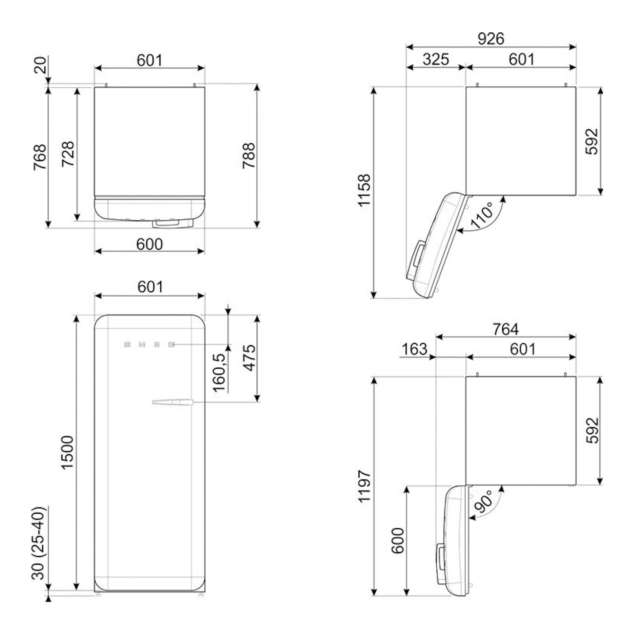 Smeg FAB28LRD6 rojo: plano técnico con vistas frontal, lateral y superior y medidas del frigorífico de una puerta.