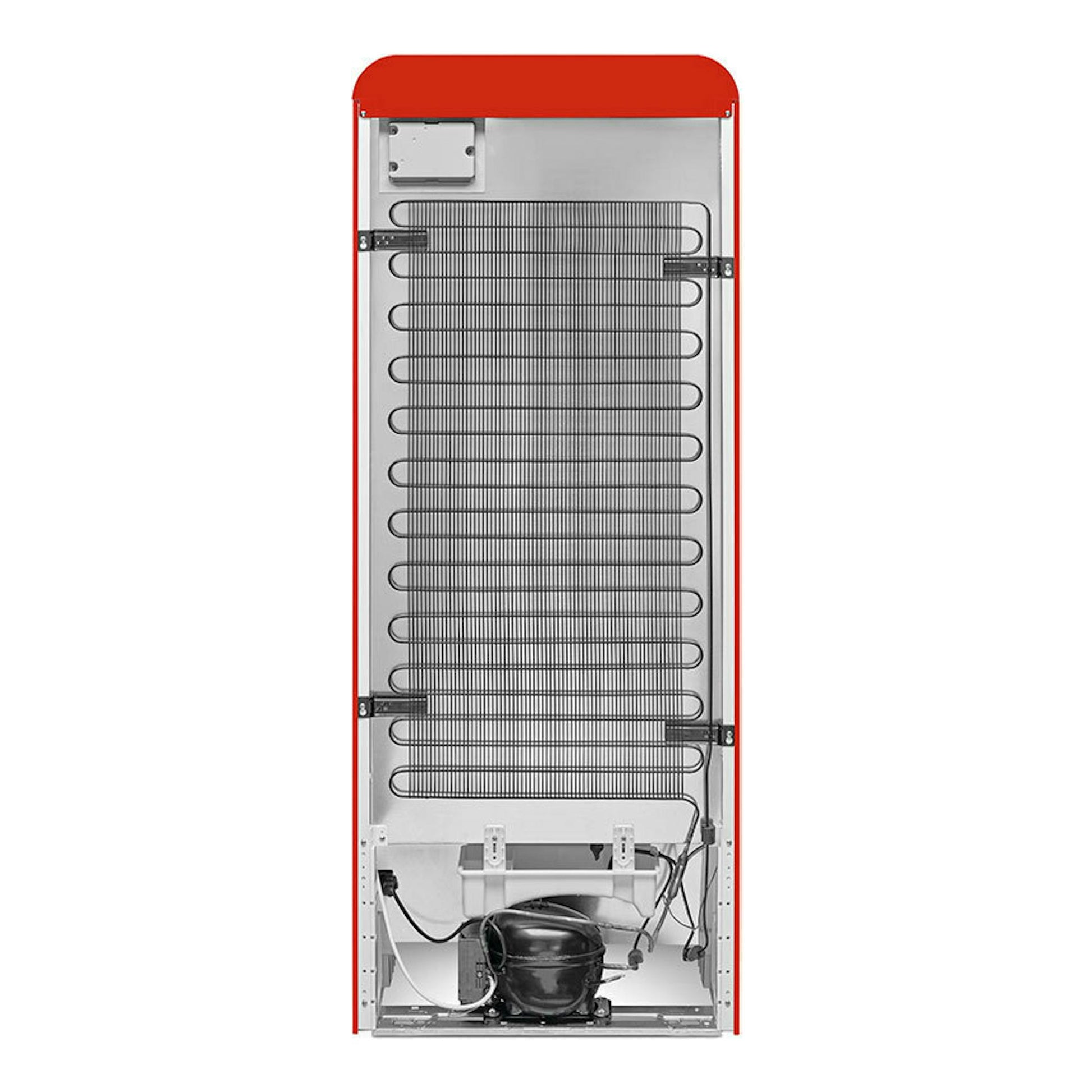 Frigorífico Smeg FAB28LRD6 rojo, vista trasera con serpentín, compresor y paneles metálicos.