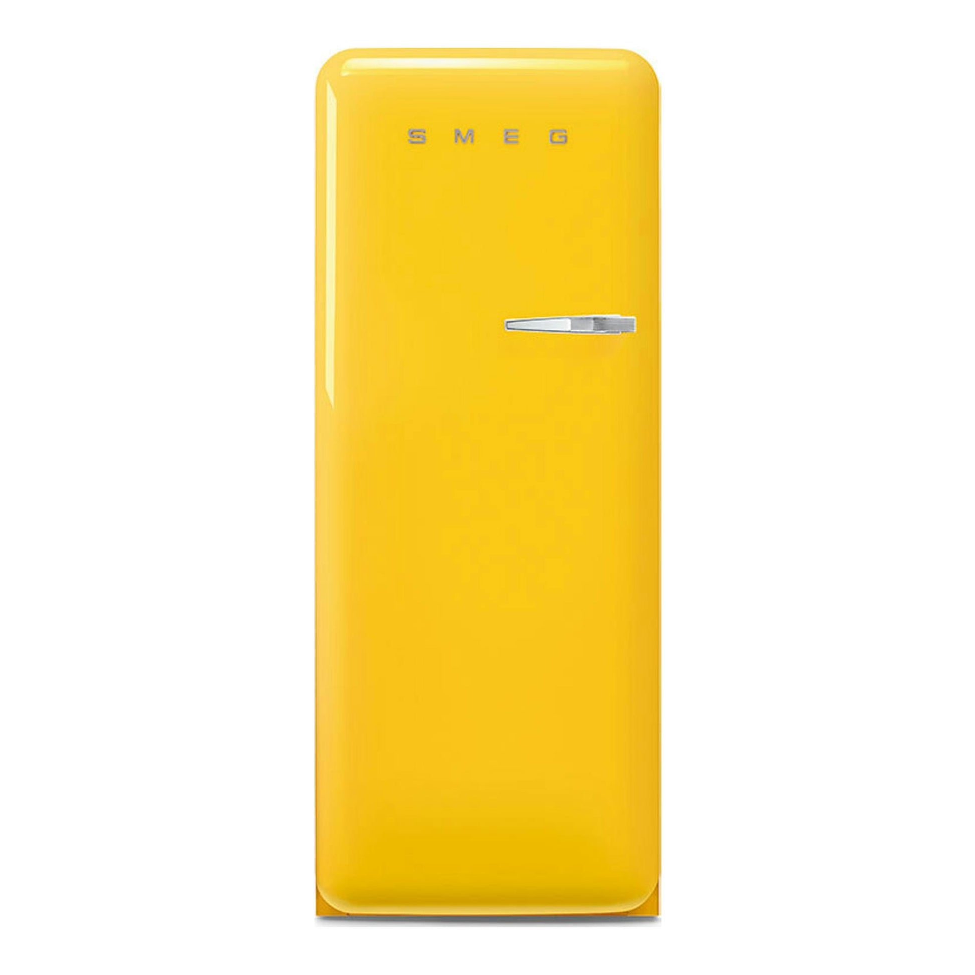 Frigorífico Smeg FAB28LYW6 amarillo, vista frontal de una puerta con tirador cromado.