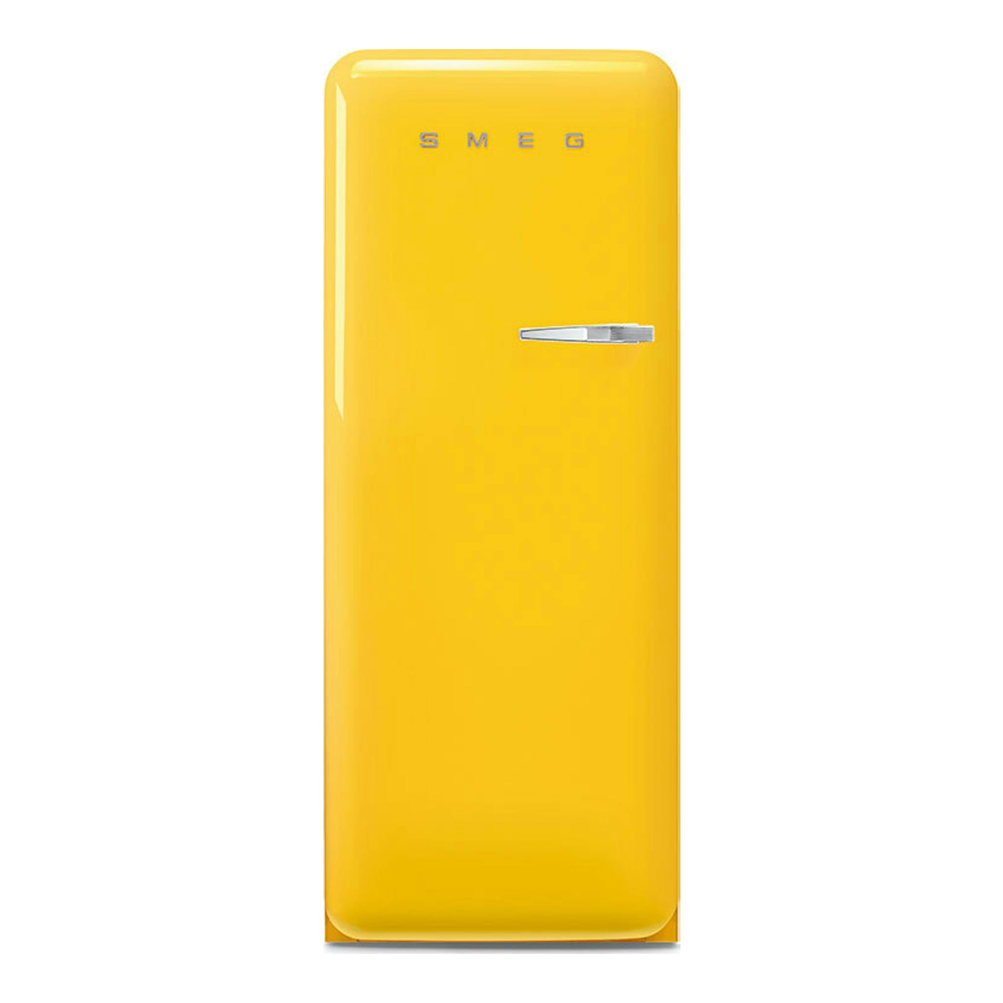 Frigorífico Smeg FAB28LYW6 amarillo, vista frontal de una puerta con tirador cromado.