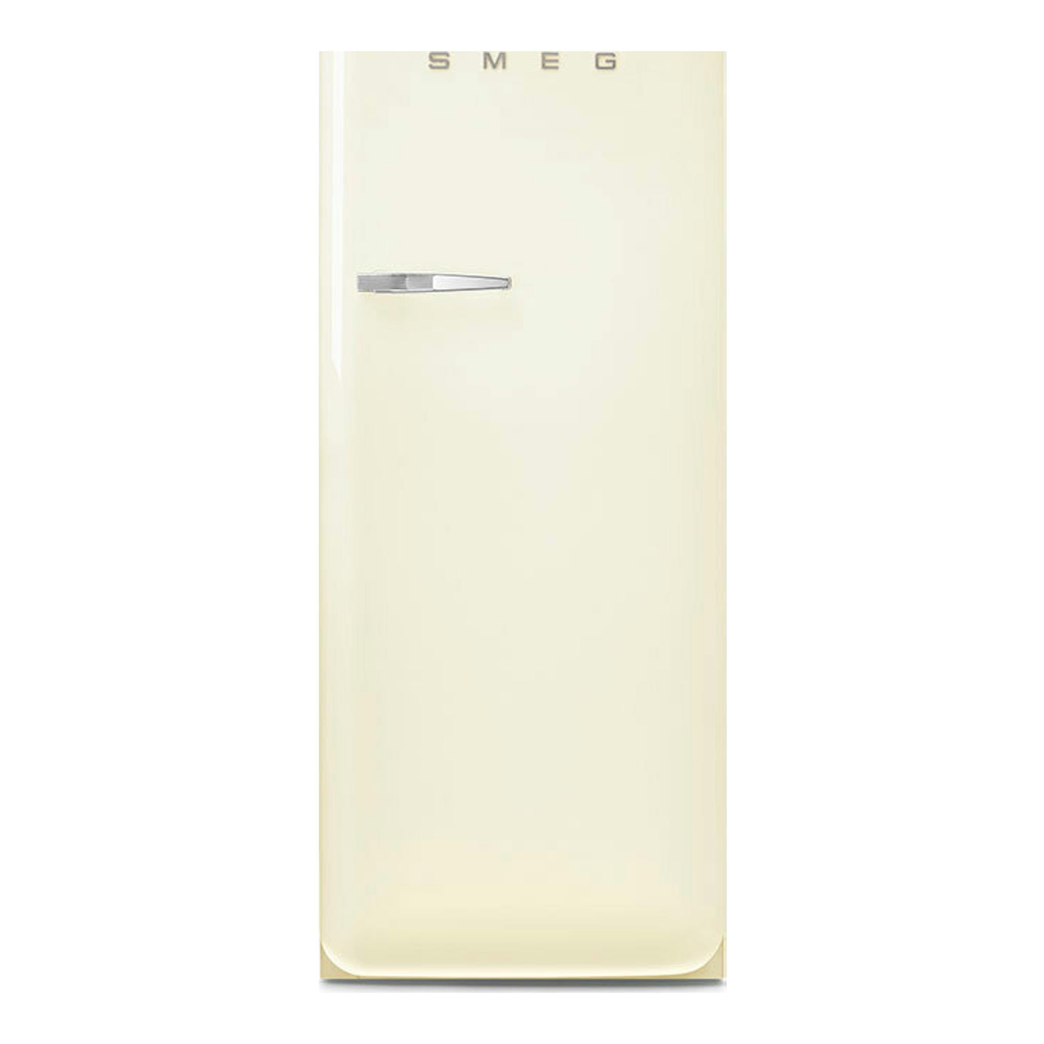 Frigorífico Smeg FAB28RCR6 de una puerta, vista frontal, color crema, con logo SMEG y tirador cromado.