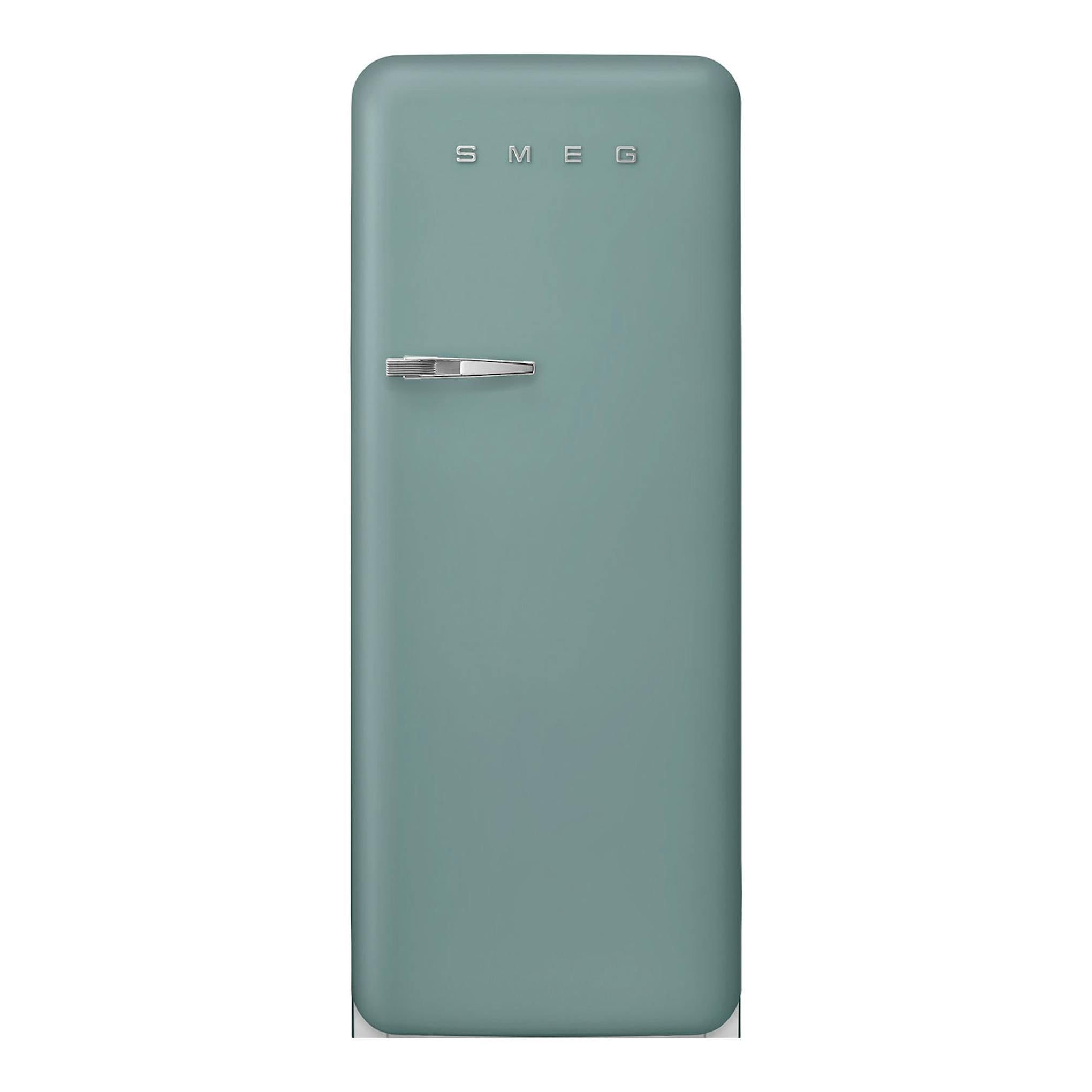 Frigorífico Smeg FAB28RDEG6 verde, vista frontal, puerta única con tirador cromado.