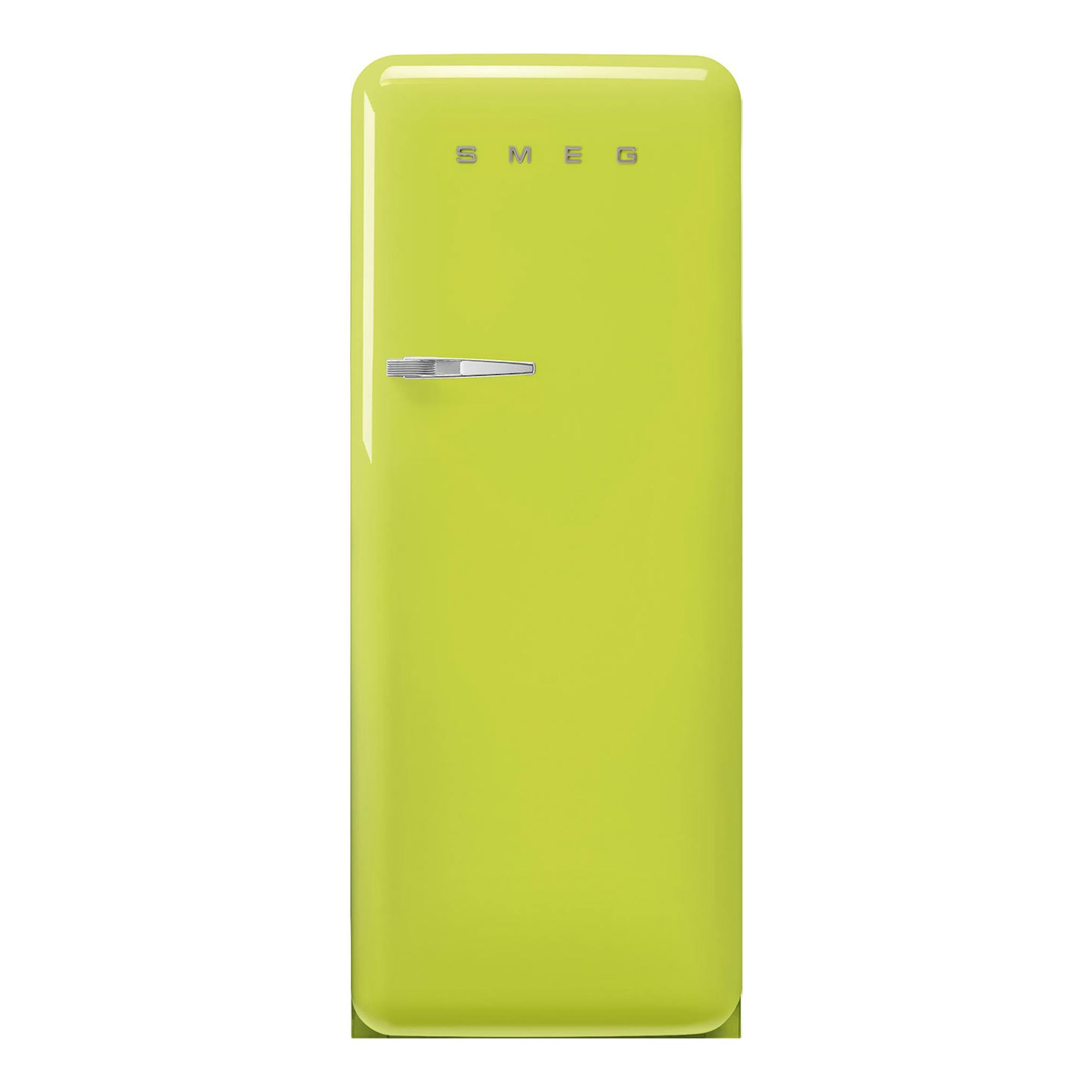 Frigorífico Smeg FAB28RLI6 verde limón, vista frontal de una puerta con tirador cromado.