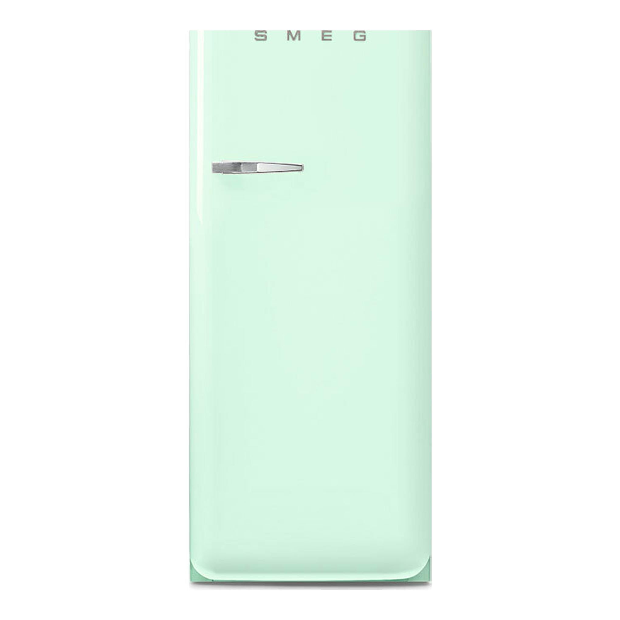 Frigorífico Smeg FAB28RPG6 verde agua, vista frontal, con puerta única y tirador metálico.