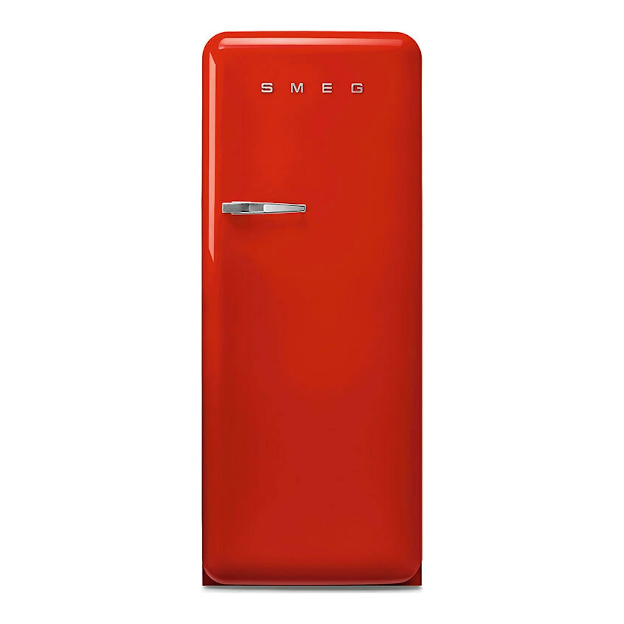 Frigorífico Smeg FAB28RRD6 rojo, vista frontal de una puerta con tirador cromado.