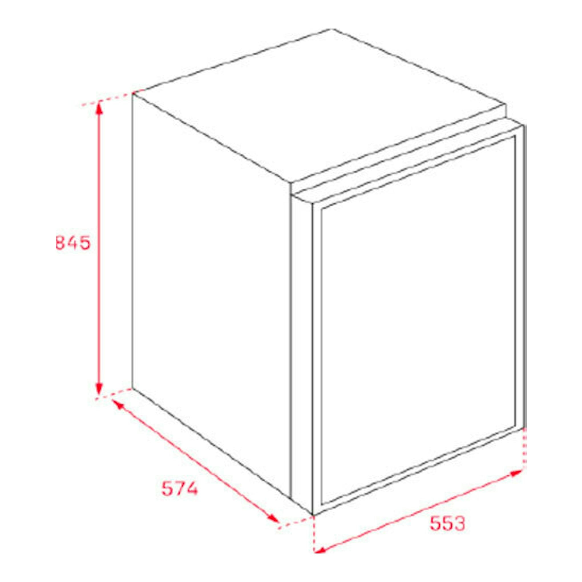 Frigorífico Teka RSL10130 blanco, vista isométrica frontal, con medidas 845 x 574 x 553 mm.