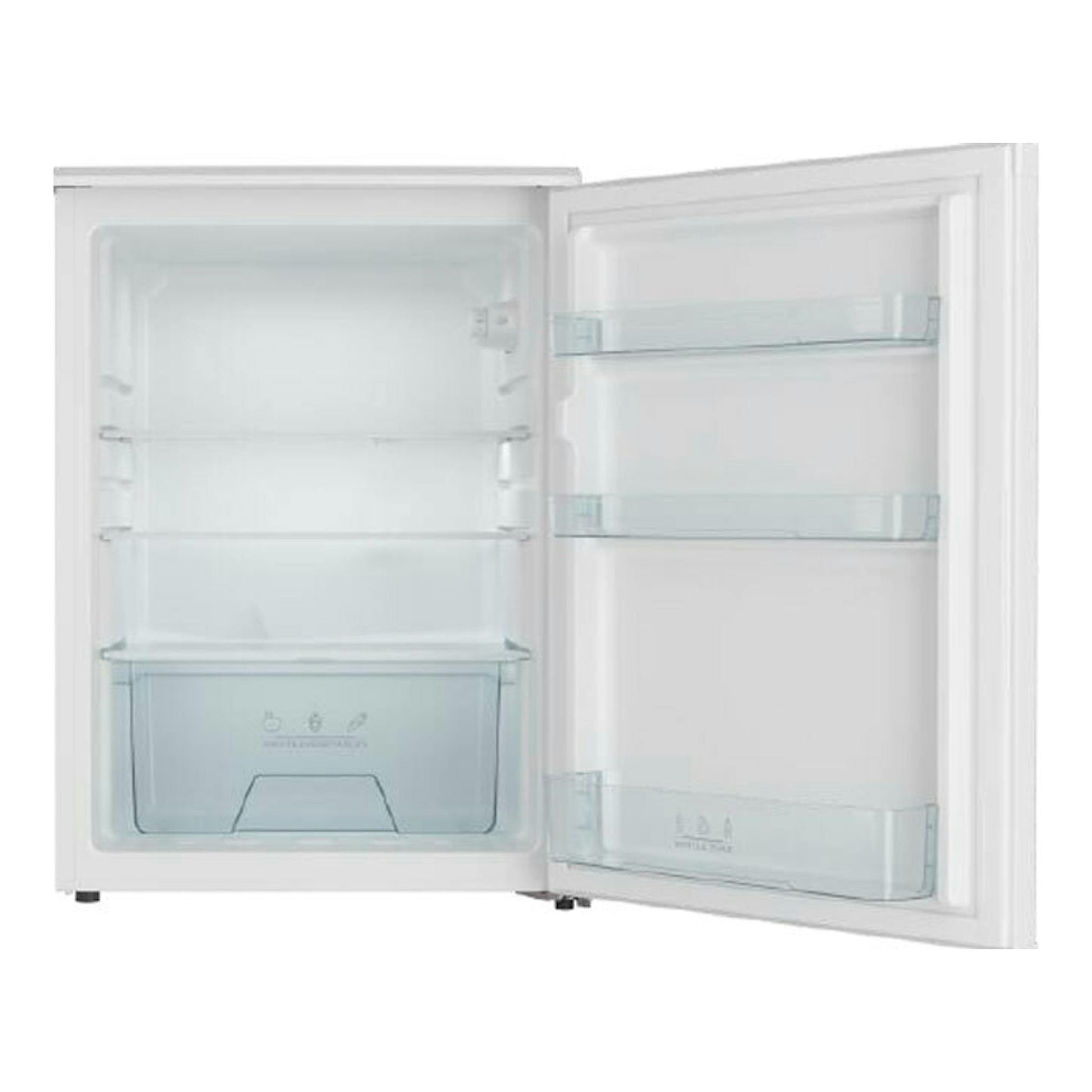 Frigorífico Teka RSL10130 blanco, vista frontal con la puerta abierta y estantes interiores visibles.