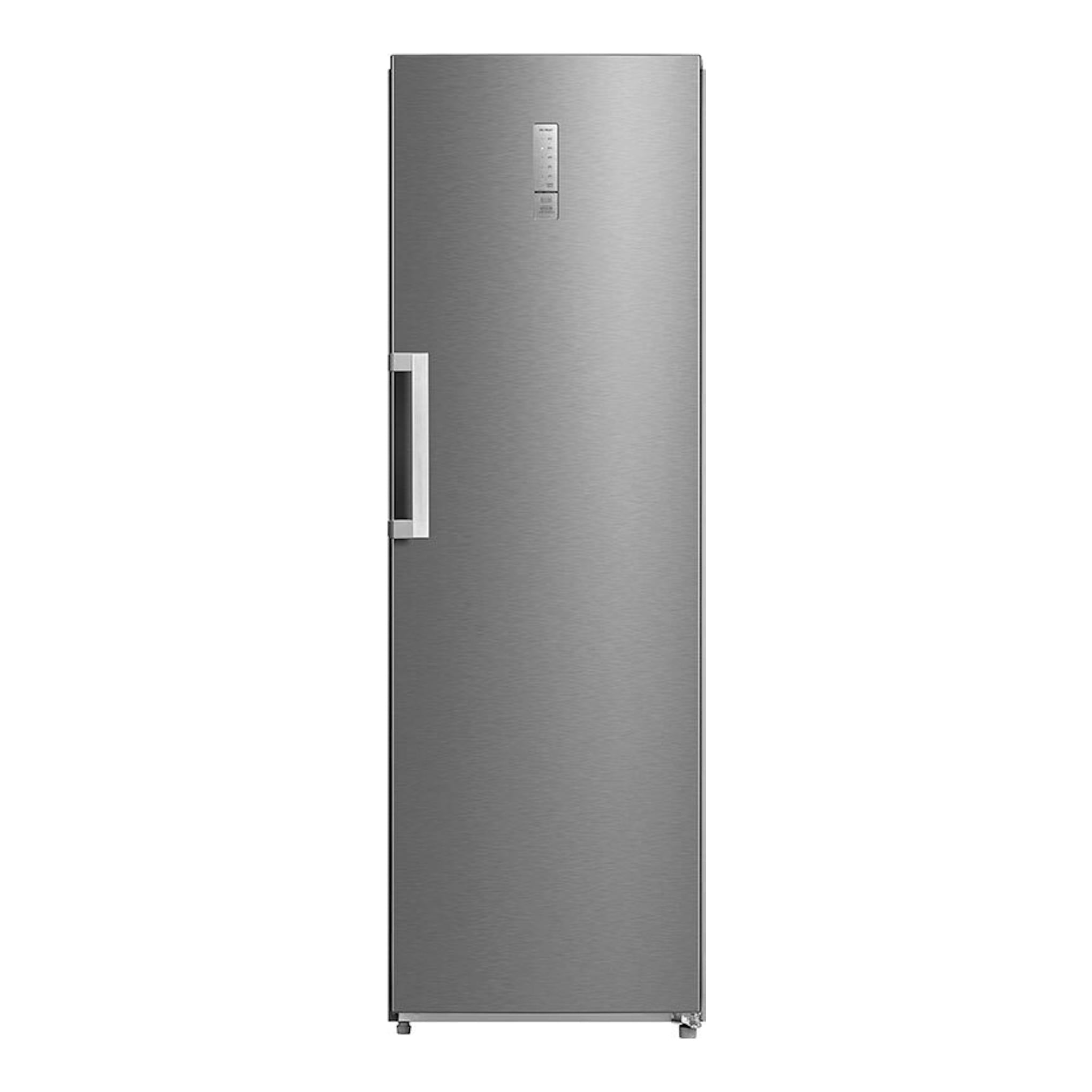 Frigorífico Teka RSL75640SS inox, vista frontal, una puerta, acabado gris metalizado con tirador lateral.