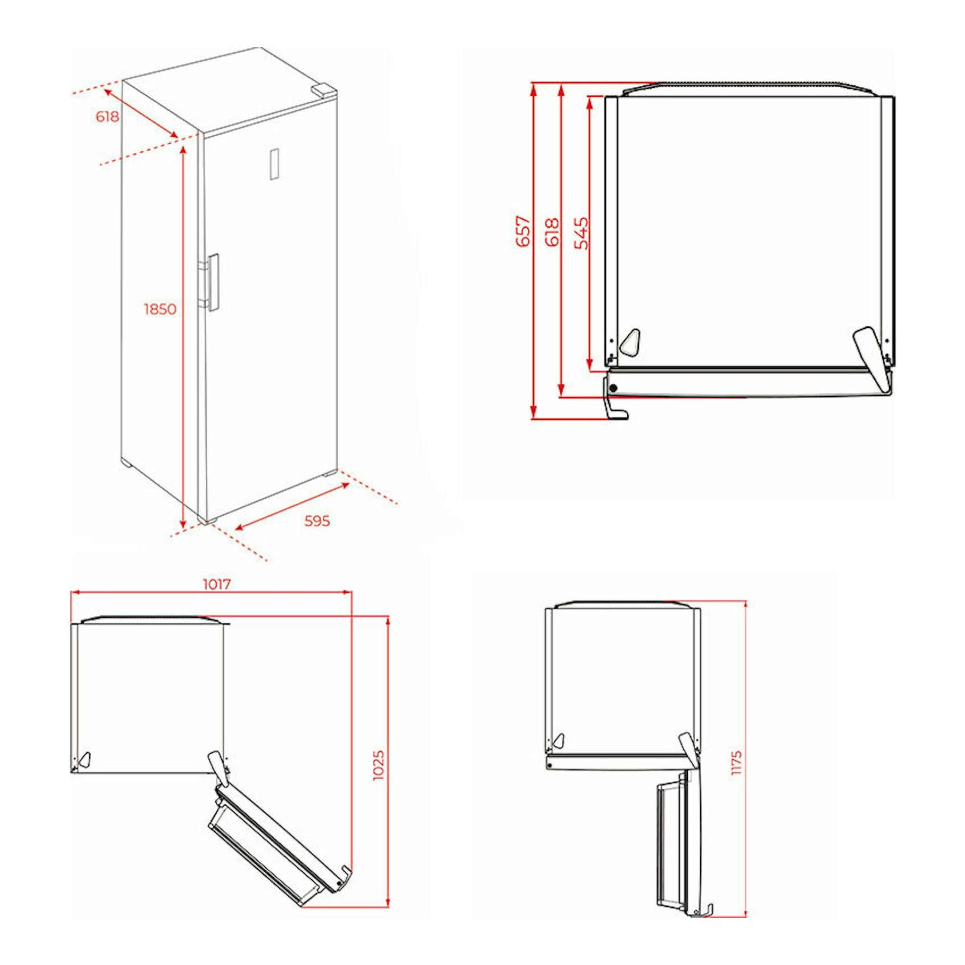 Esquema técnico del frigorífico Teka RSL75640SS inox de una puerta, con varias vistas y medidas.
