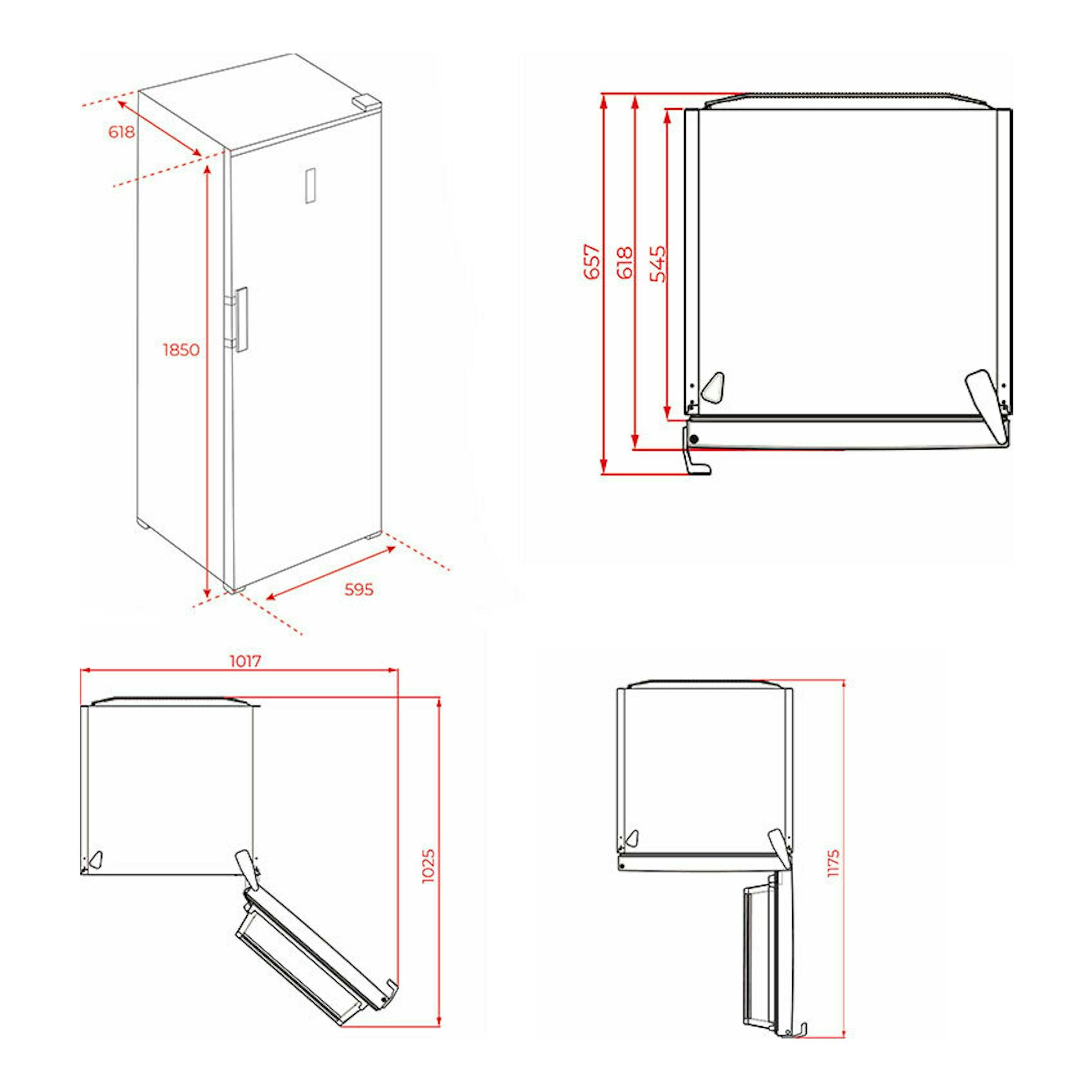 Esquema técnico del frigorífico Teka RSL75640SS inox de una puerta, con varias vistas y medidas.