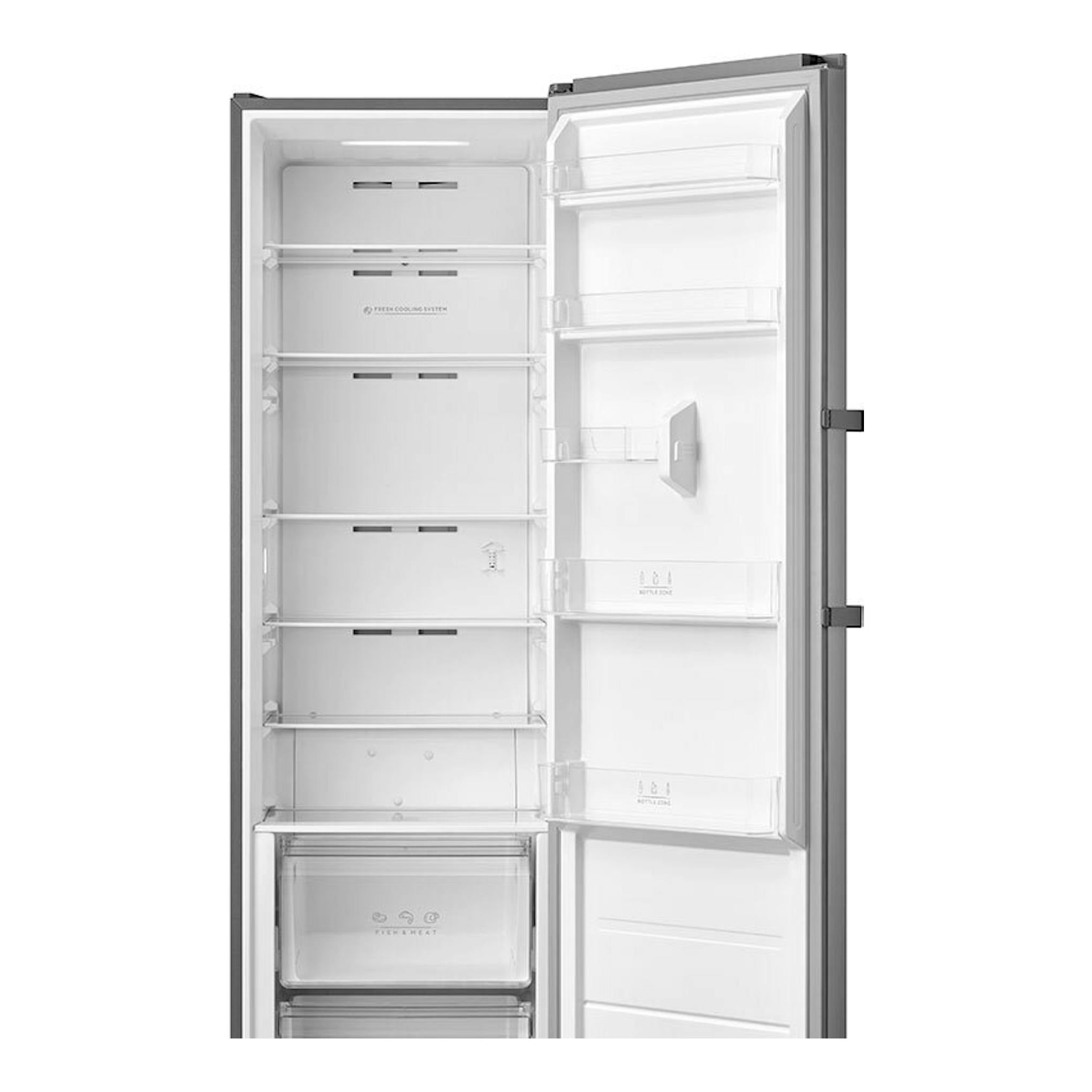 Frigorífico Teka RSL75640SS inox, vista frontal con la puerta abierta y estantes interiores visibles.