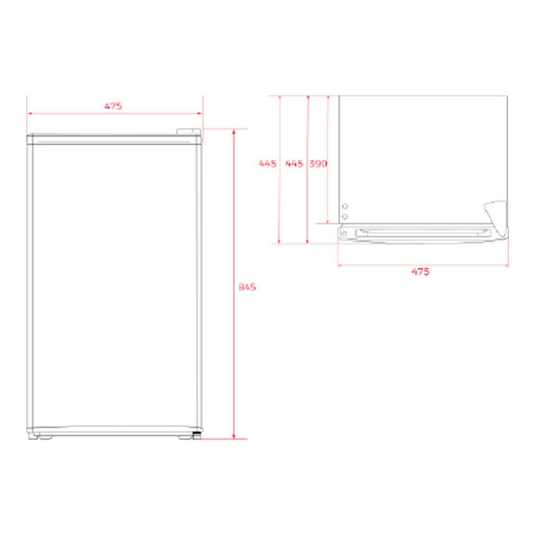 Plano técnico del frigorífico de una puerta Teka RSR10138 blanco, vistas frontal y lateral con medidas.