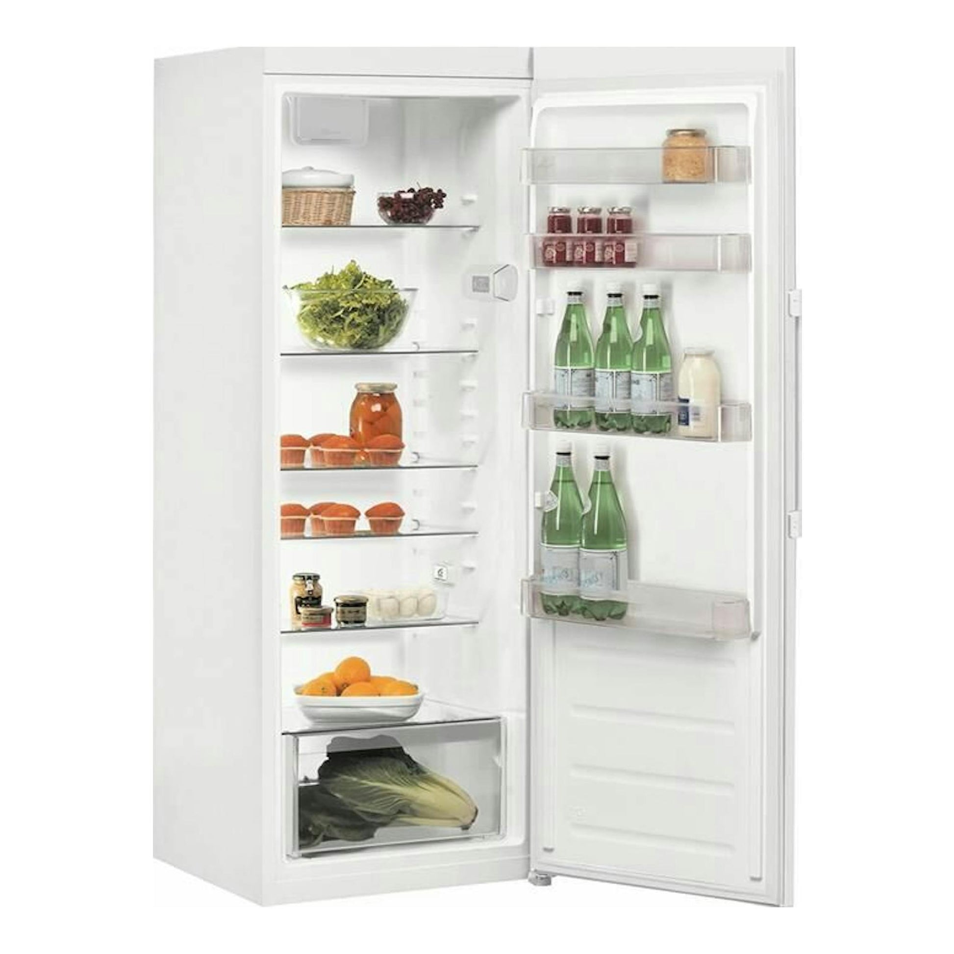 Frigorífico Whirlpool SW6A2QW2 blanco, vista frontal con la puerta abierta y estantes interiores visibles.