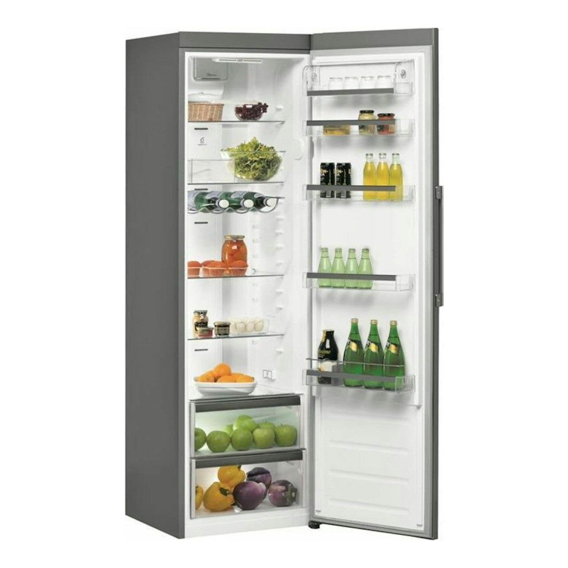 Frigorífico Whirlpool SW8AM2YXR2 inox, vista frontal con la puerta abierta y estantes interiores con alimentos.