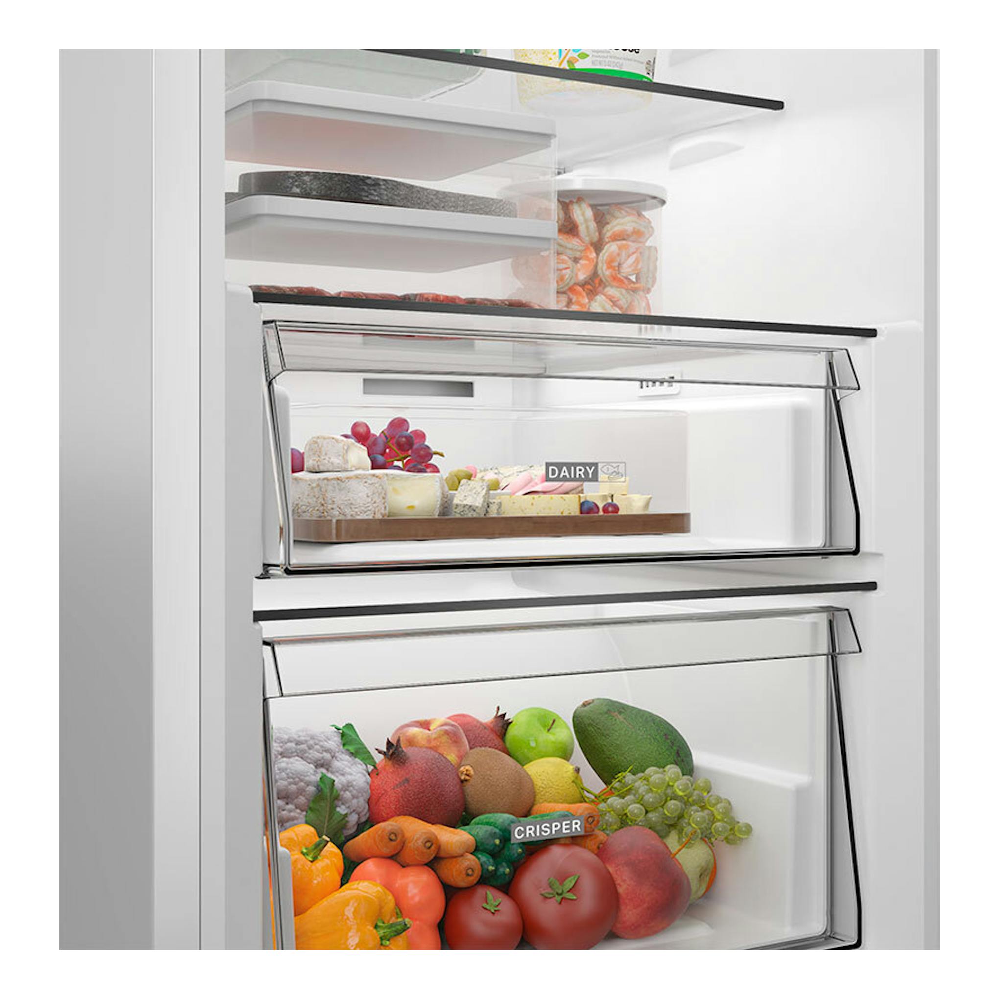 Frigorífico Whirlpool WHMLF 6442 W4E blanco, vista interior frontal con cajones de lácteos y verduras.