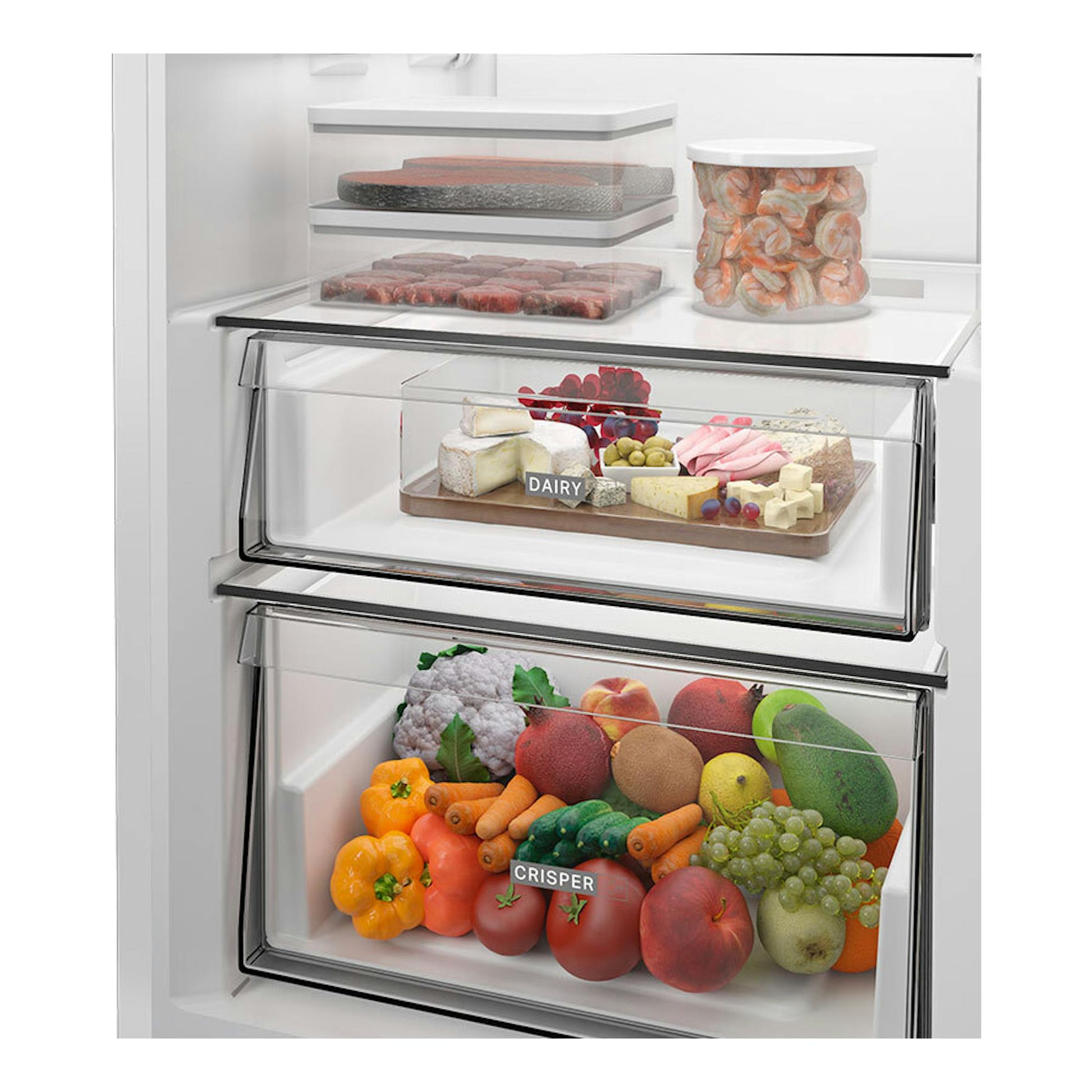 Interior de frigorífico Whirlpool WHMLF 6442 W4E blanco con estantes, cajones transparentes y alimentos.