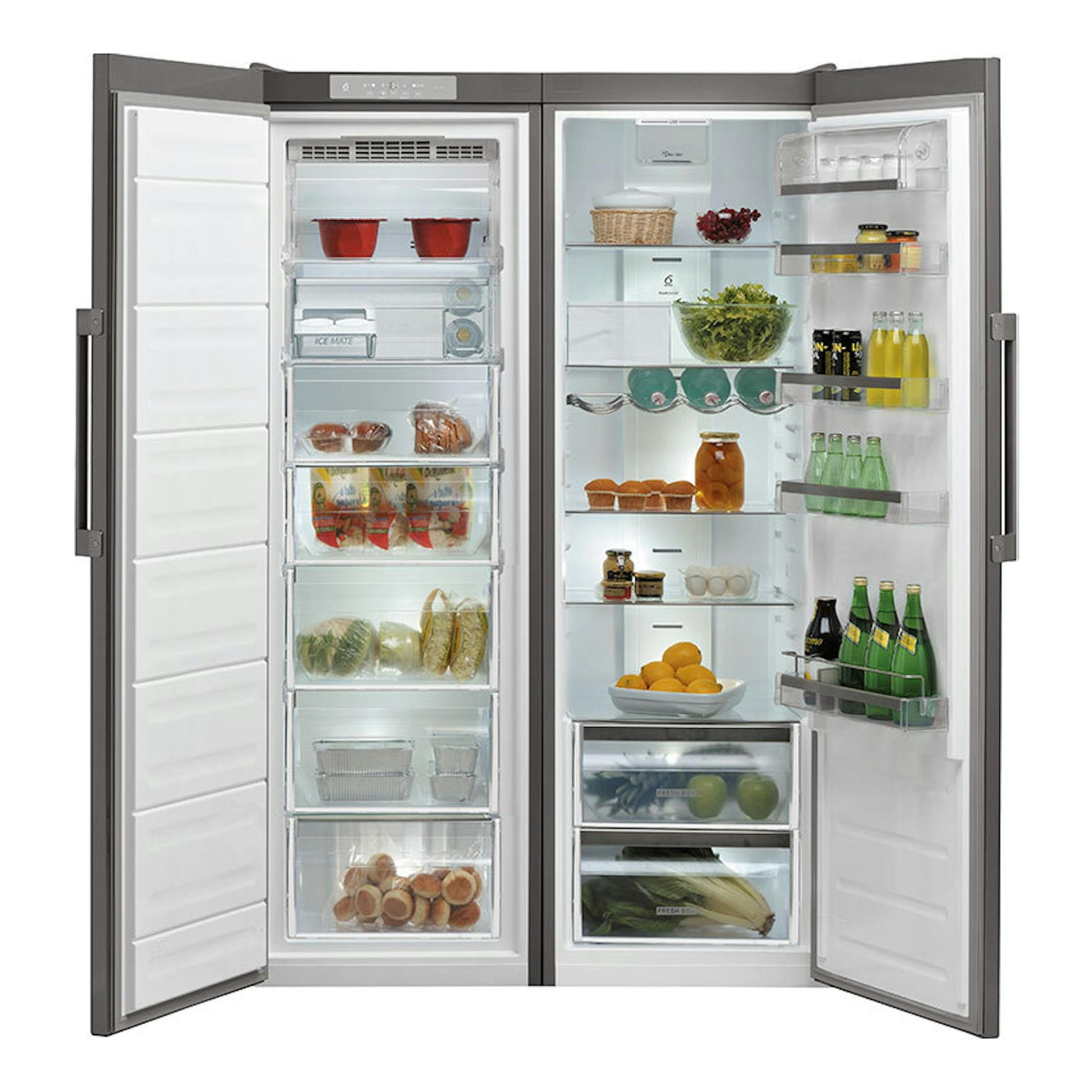 Frigorífico Whirlpool WHMLF 6442 XP4E inox, vista frontal con dos puertas abiertas y compartimentos visibles.
