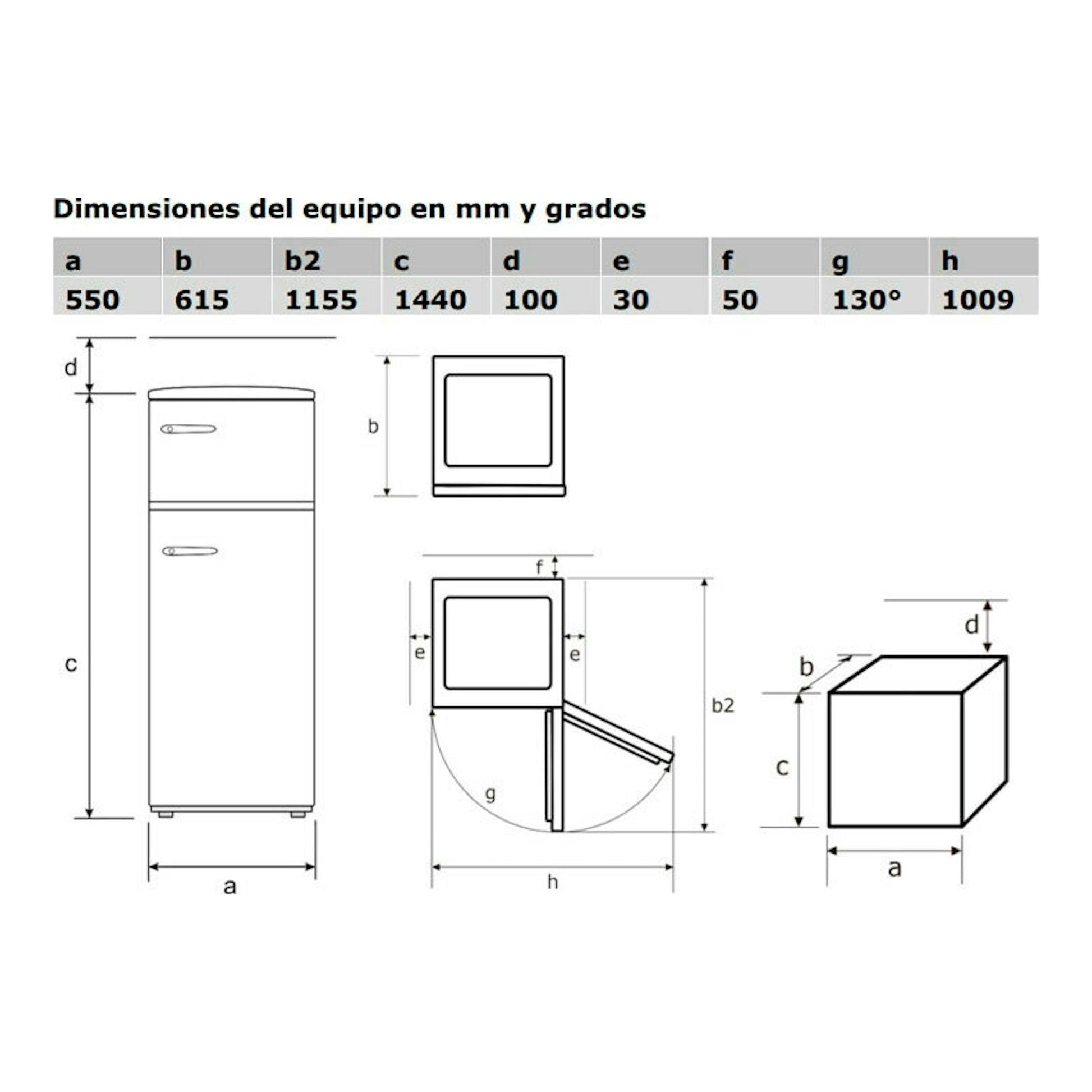 Diagrama de dimensiones del frigorífico de 2 puertas Exquisit RKGC270-45-H-160E, vista frontal y lateral.