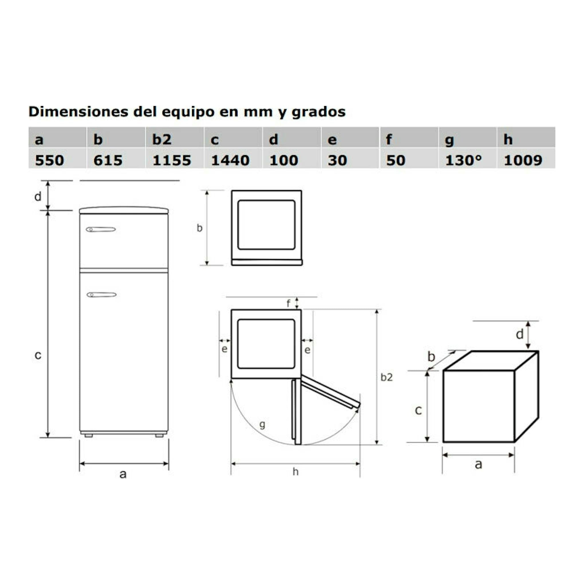 Diagrama de dimensiones del frigorífico de 2 puertas Exquisit RKGC270-45-H-160E, vista frontal y lateral.