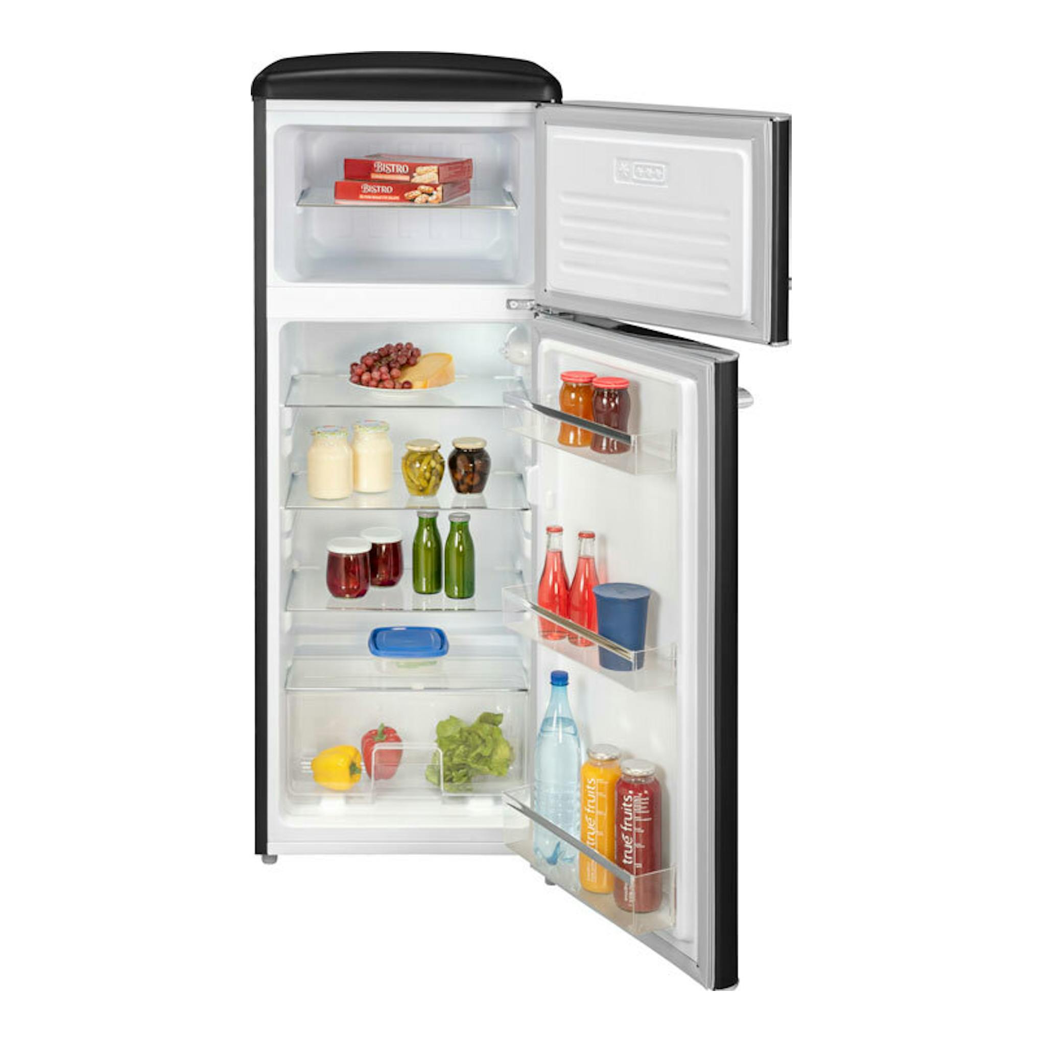 Frigorífico Exquisit RKGC270-45-H-160E negro mate, vista frontal, con dos puertas abiertas y estantes interiores.