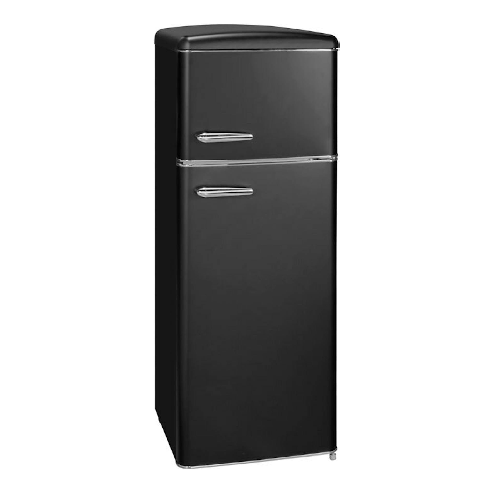 Frigorífico Exquisit RKGC270-45-H-160E negro mate, vista frontal, con dos puertas y tiradores cromados.