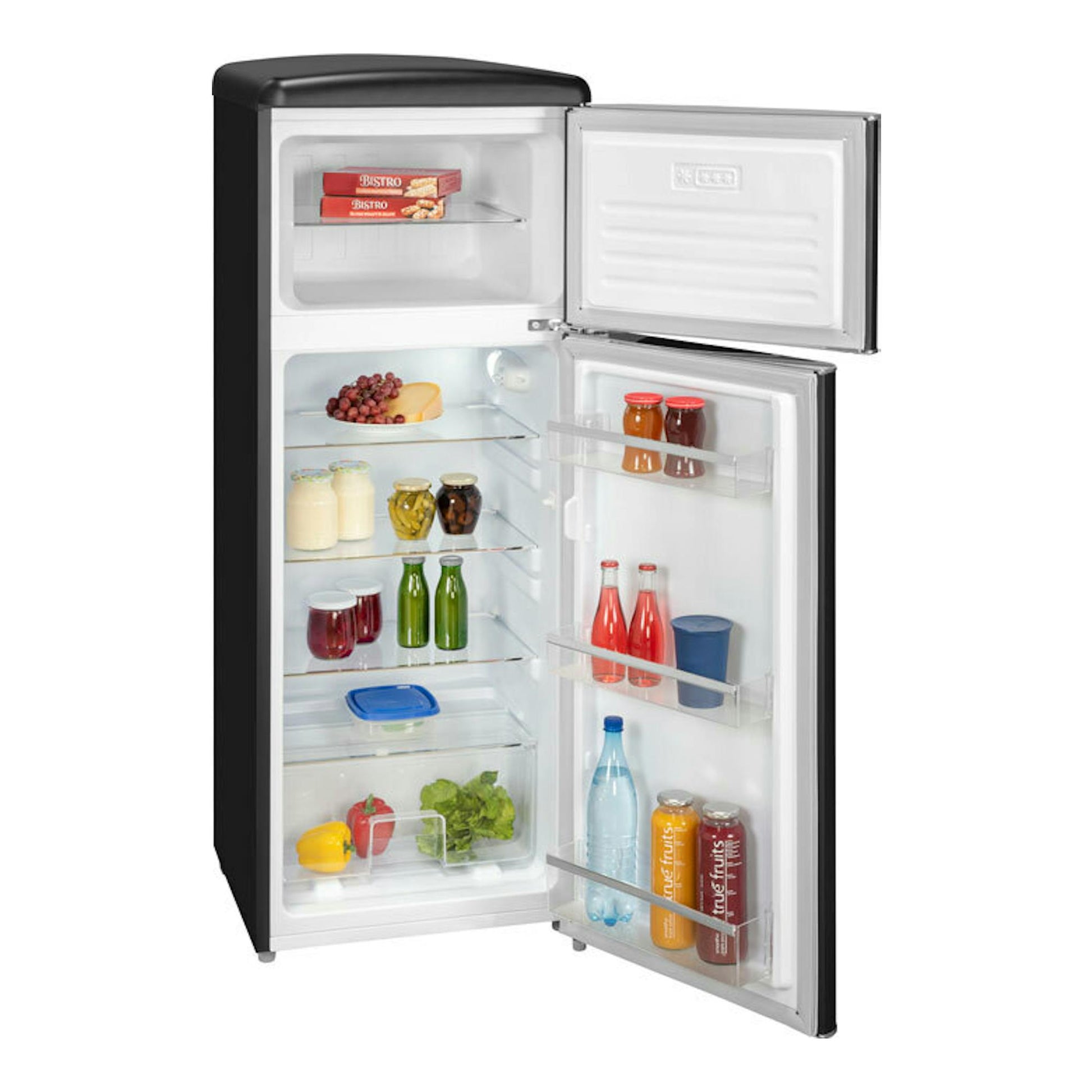 Frigorífico Exquisit RKGC270-45-H-160E negro mate, vista frontal en ángulo, puertas abiertas.
