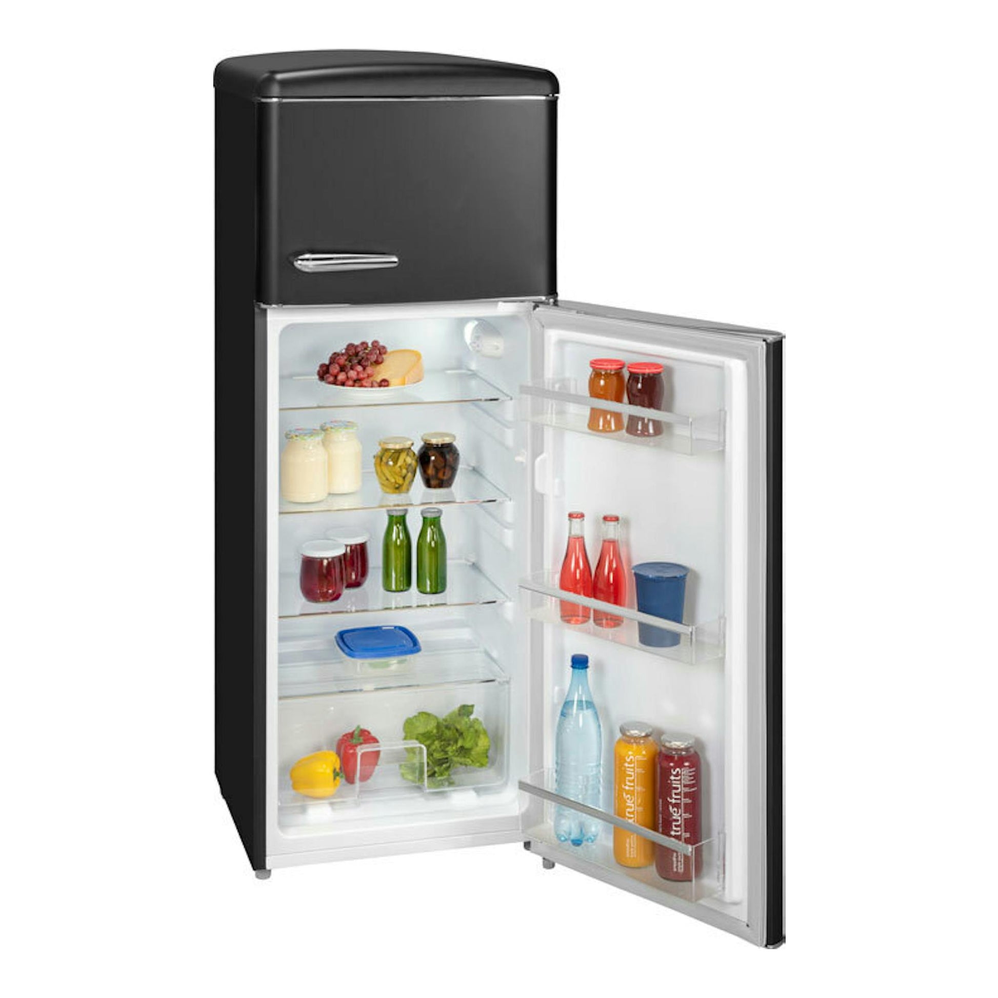 Frigorífico Exquisit RKGC270-45-H-160E negro mate, con puerta abierta y estantes interiores visibles.