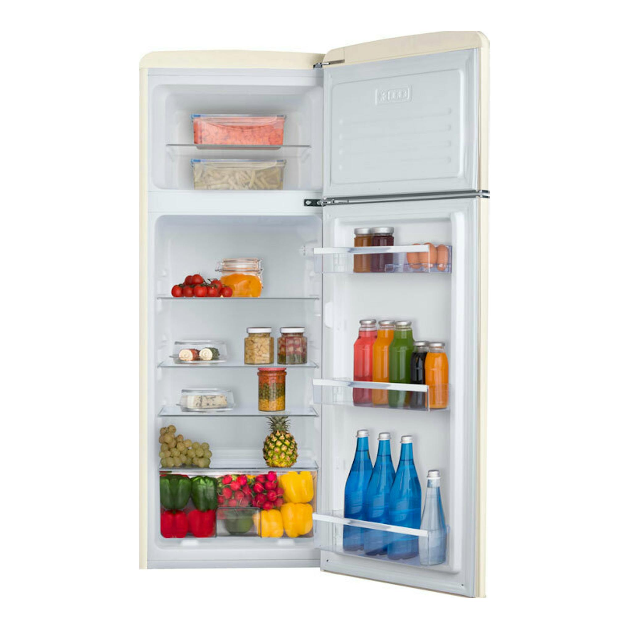 Frigorífico Fagor 3FFV-1455BG beige, de dos puertas, abierto en vista frontal con alimentos en el interior.