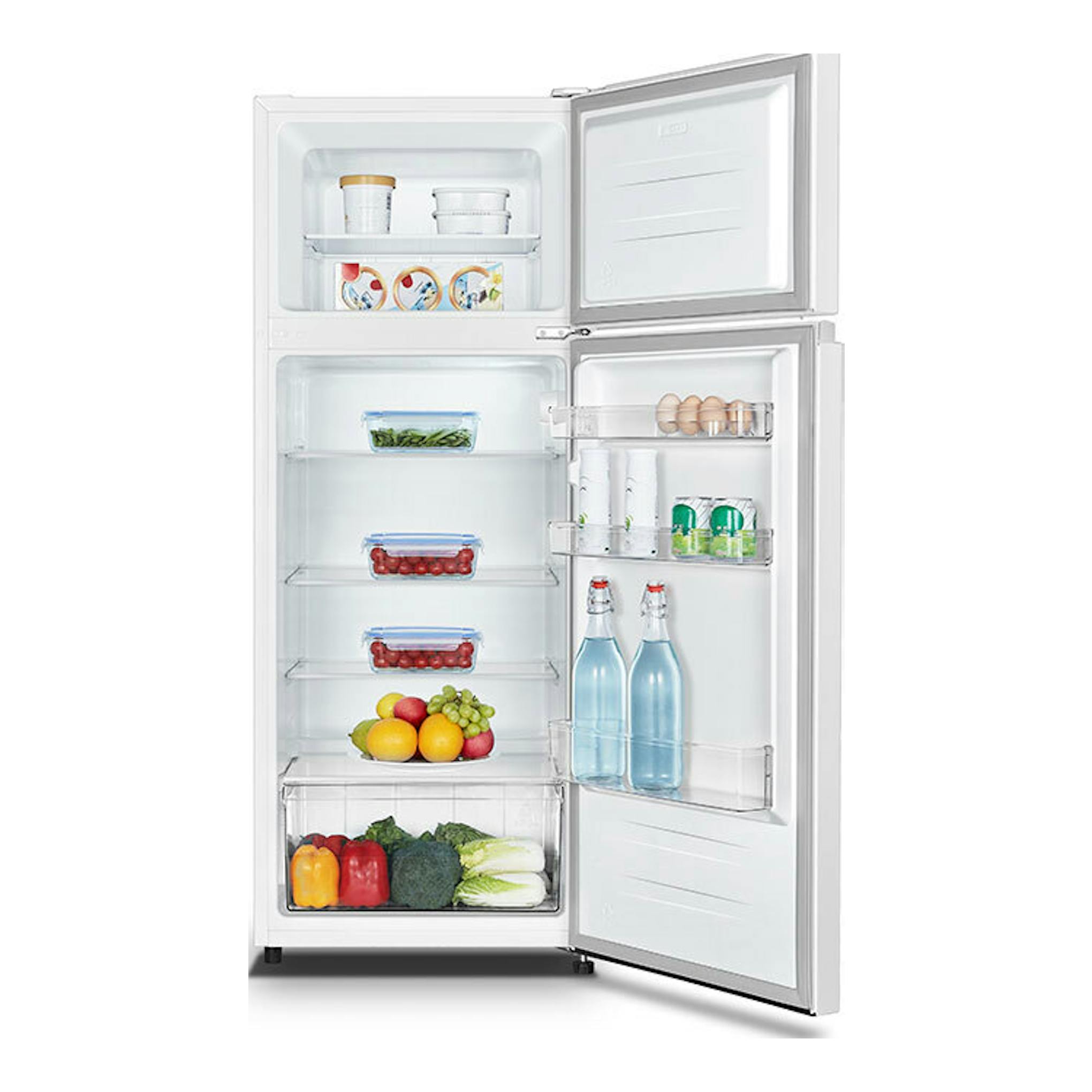 Frigorífico Hisense RT267D4AWE blanco, vista frontal con dos puertas abiertas y estantes con alimentos.