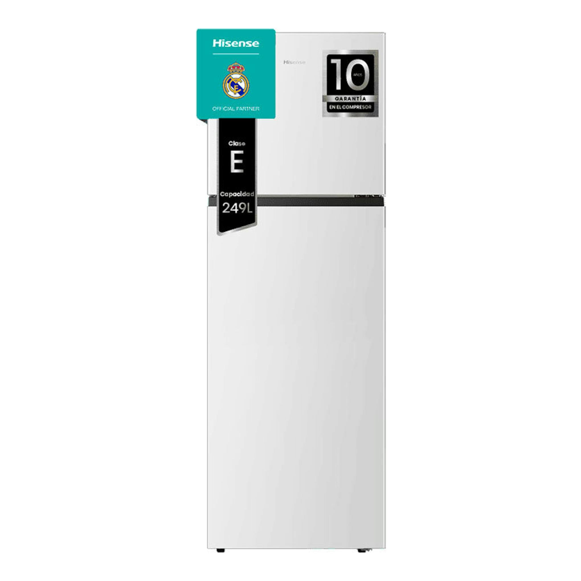 Frigorífico Hisense RT327N4AWE blanco de dos puertas, vista frontal, con etiquetas de clase E y 249 l.