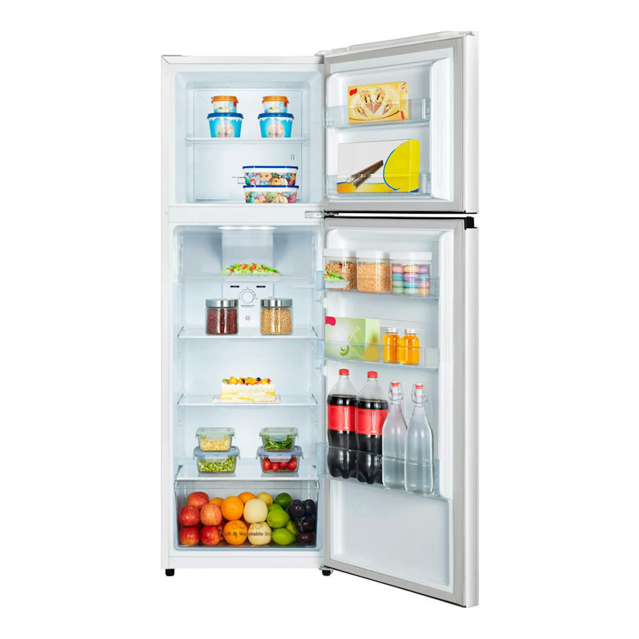 Frigorífico de 2 puertas Hisense RT327N4AWE blanco, vista frontal con ambas puertas abiertas.