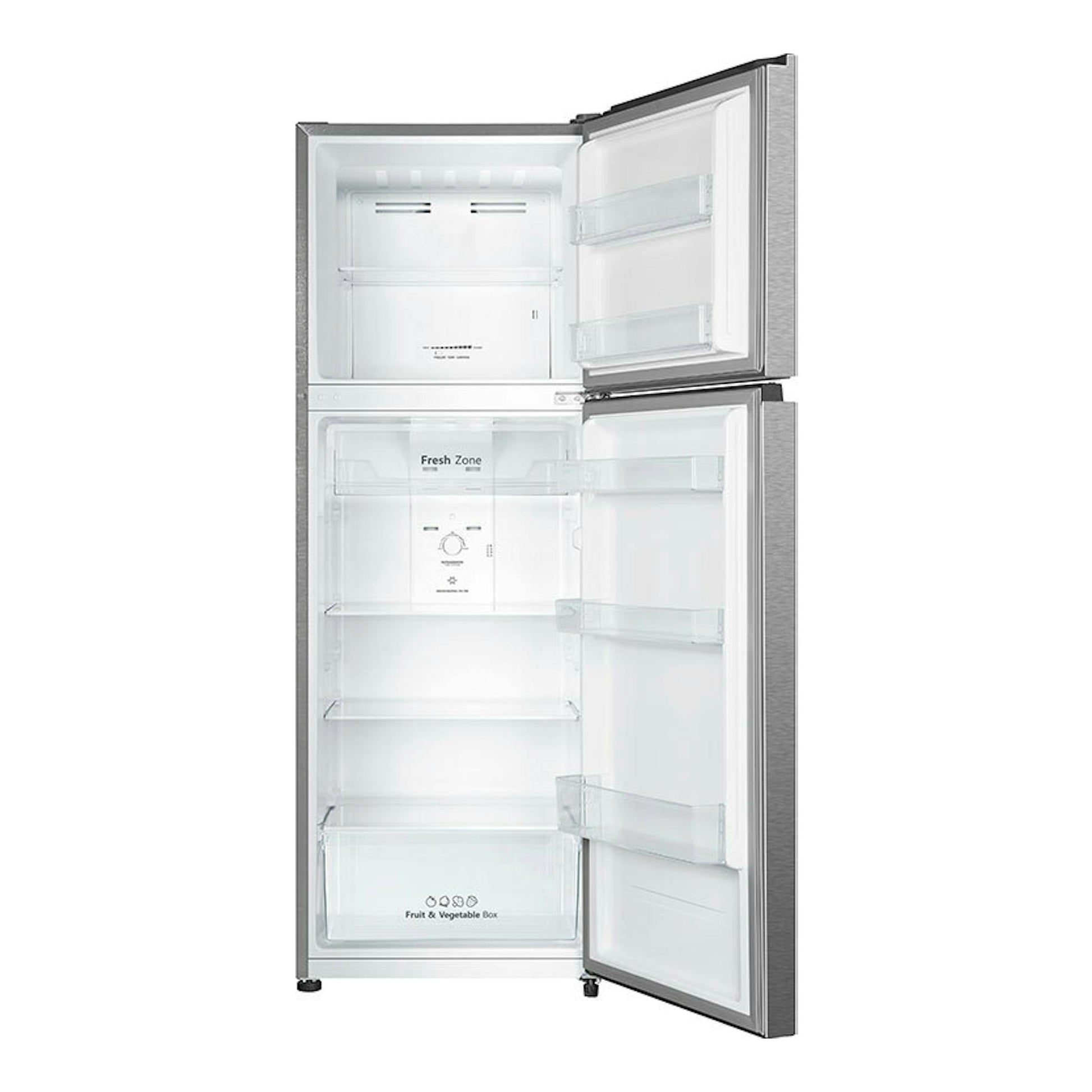 Frigorífico Hisense RT422N4ACE inox de dos puertas, visto de frente con ambas puertas abiertas.
