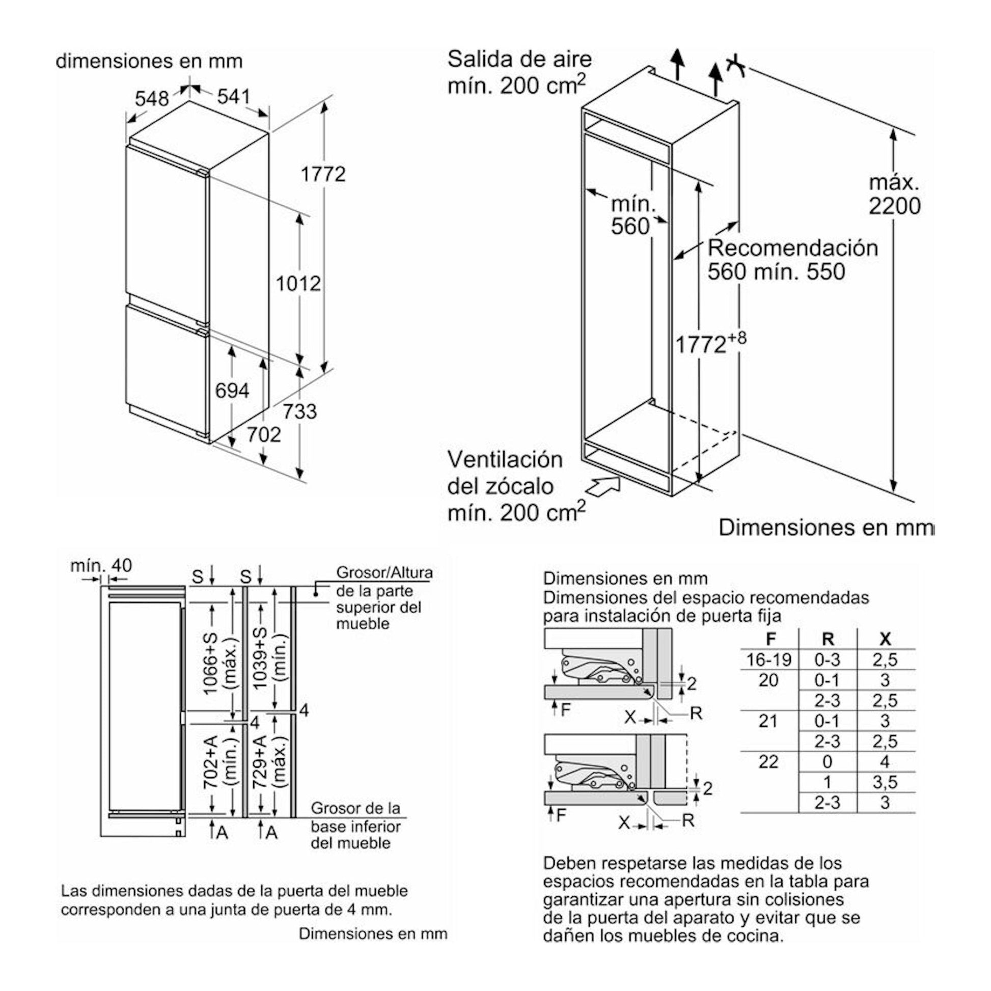 Diagrama técnico del frigorífico integrable Siemens KI86NHFE0, con vistas frontal y medidas de instalación.