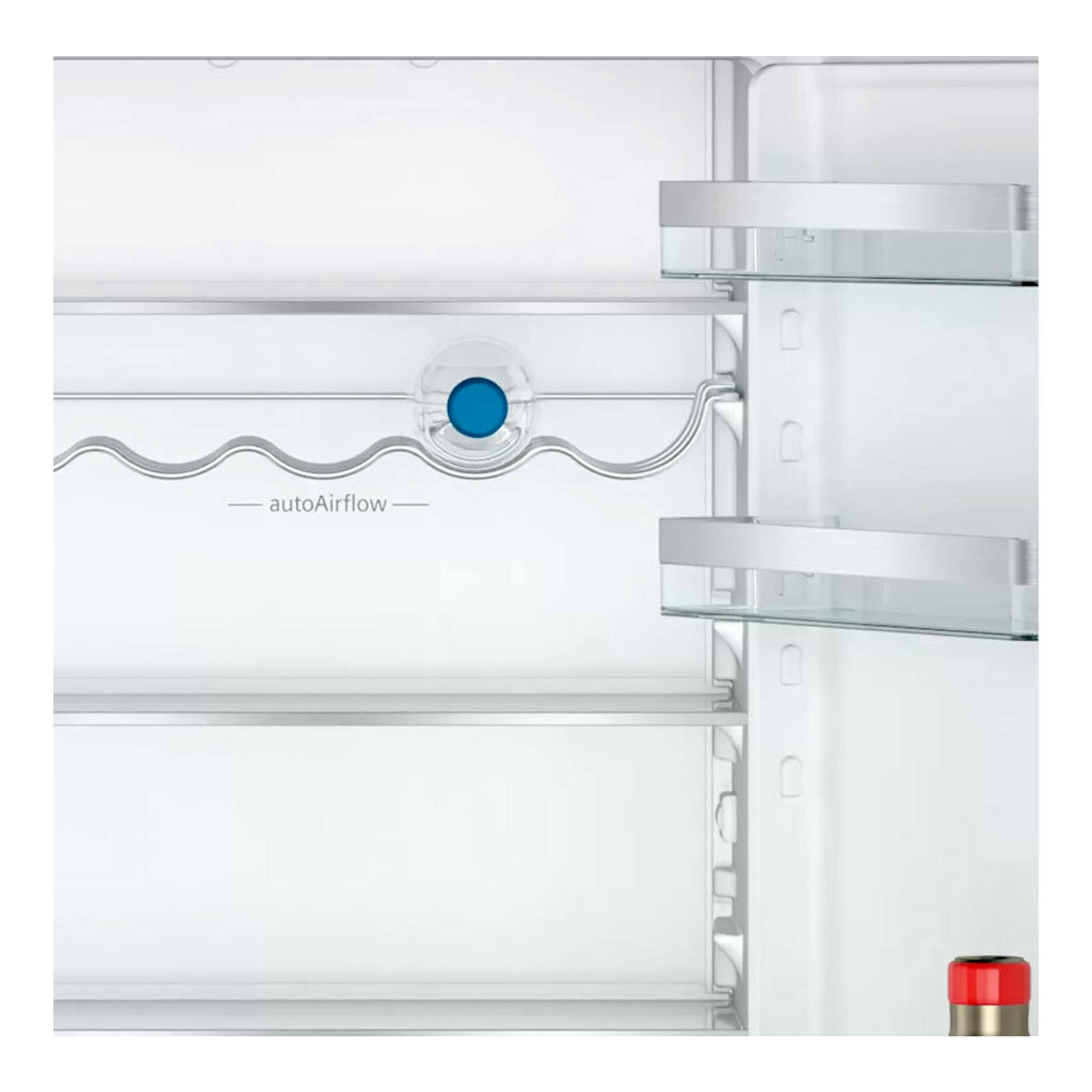 Interior de frigorífico integrable Siemens KI86NHFE0 en blanco, con estantes de cristal y sistema autoAirflow.